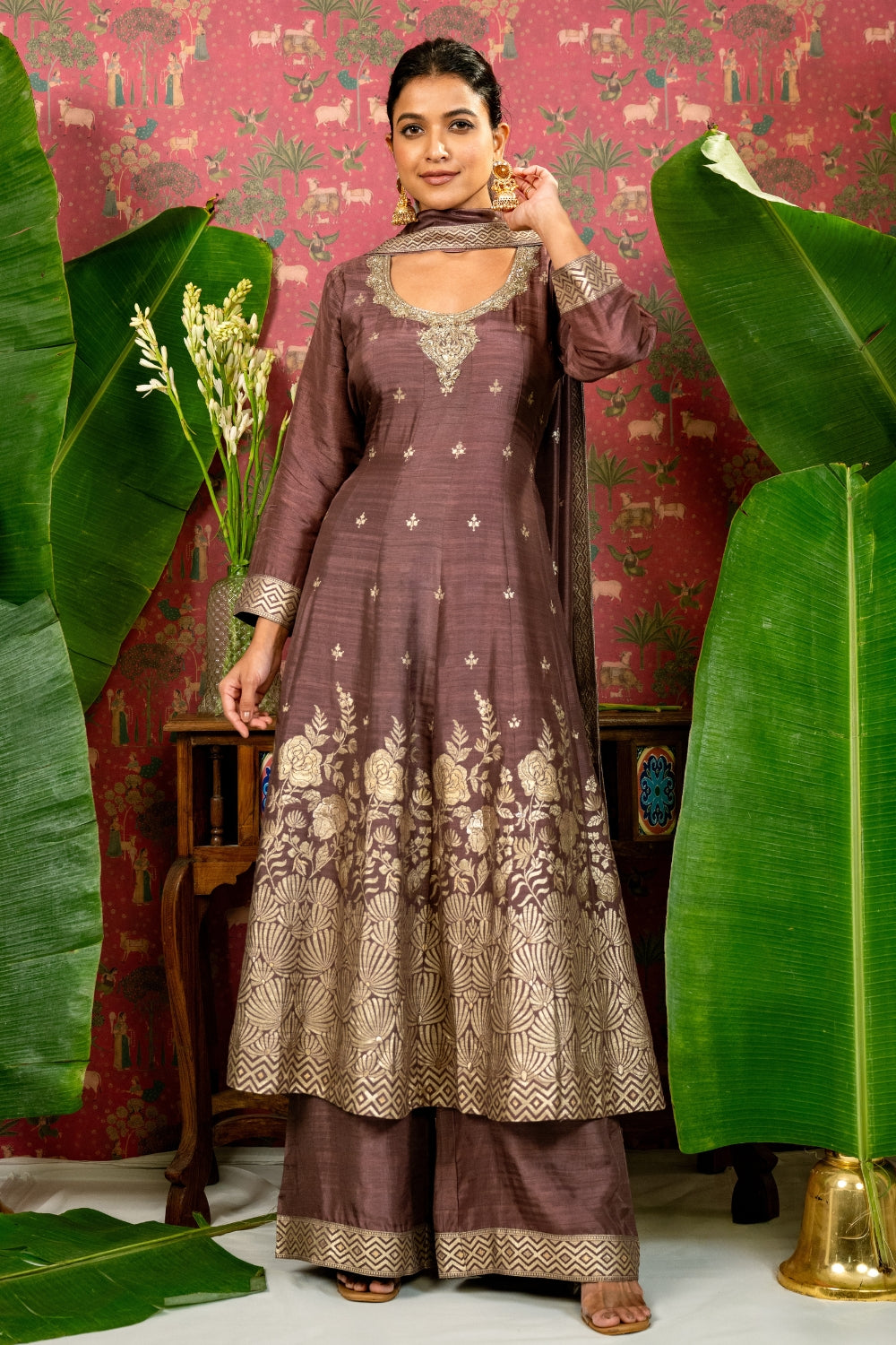 Brown Banarasi Silk Suit Set with Zardosi and Cutdana Work