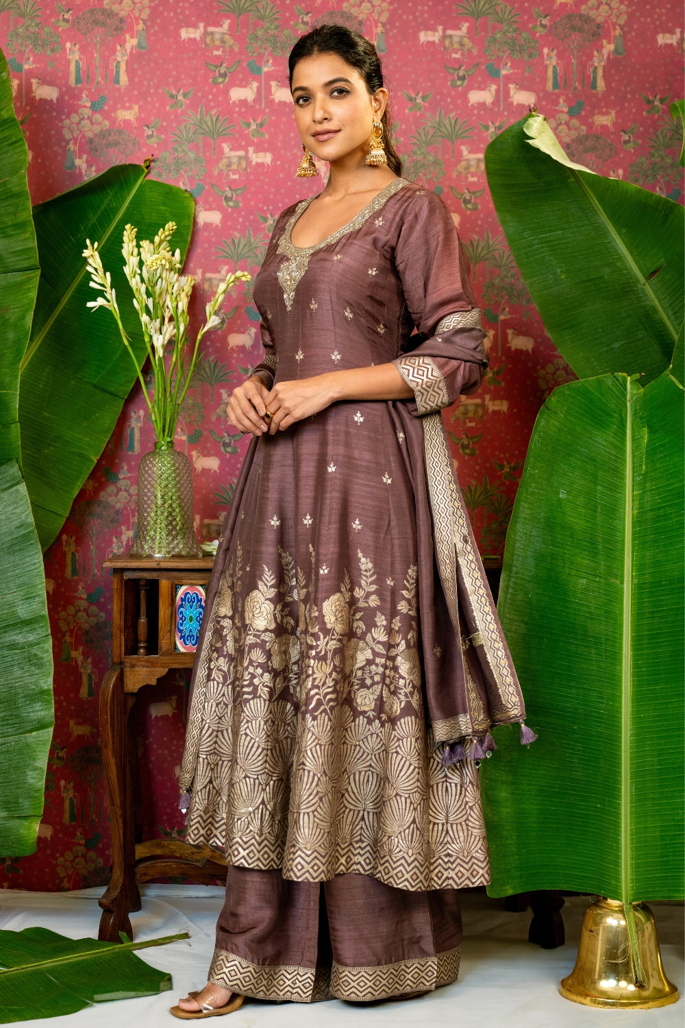 Brown Banarasi Silk Suit Set with Zardosi and Cutdana Work