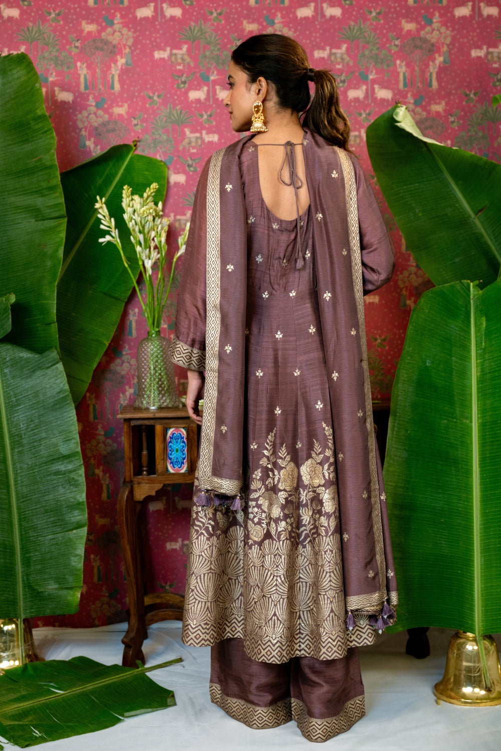 Brown Banarasi Silk Suit Set with Zardosi and Cutdana Work