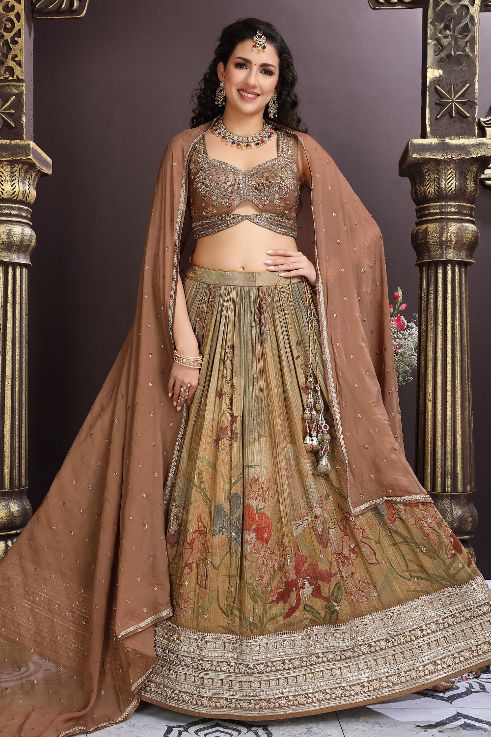 Brown Georgette Lehenga Choli with Sequins Embroidery