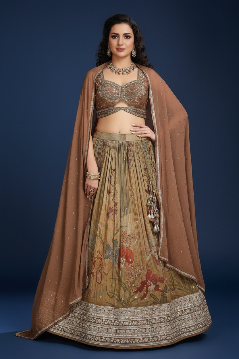 Brown Georgette Lehenga Choli with Sequins Embroidery
