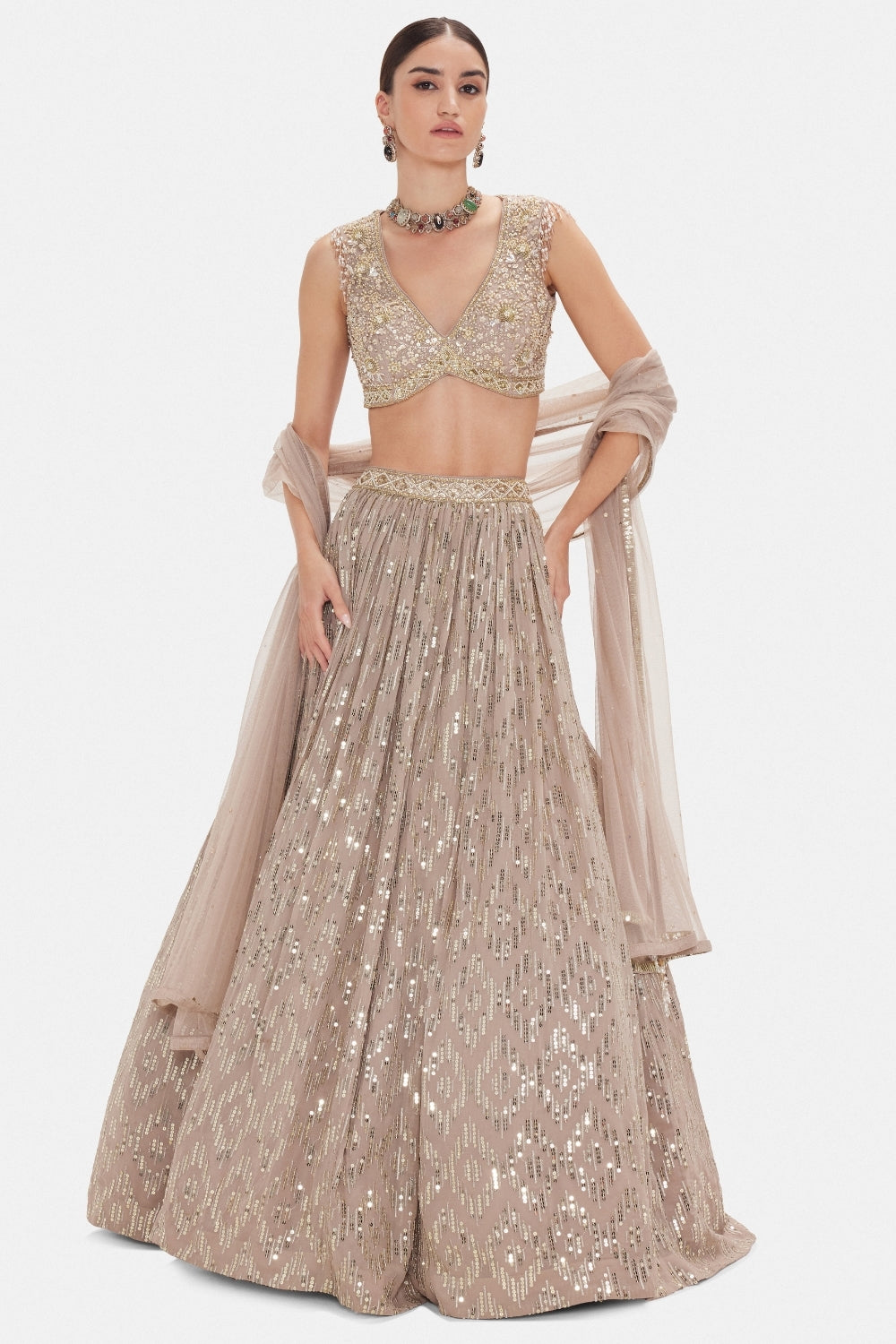 Brown Georgette Lehenga Set with Cutdana and Moti Work