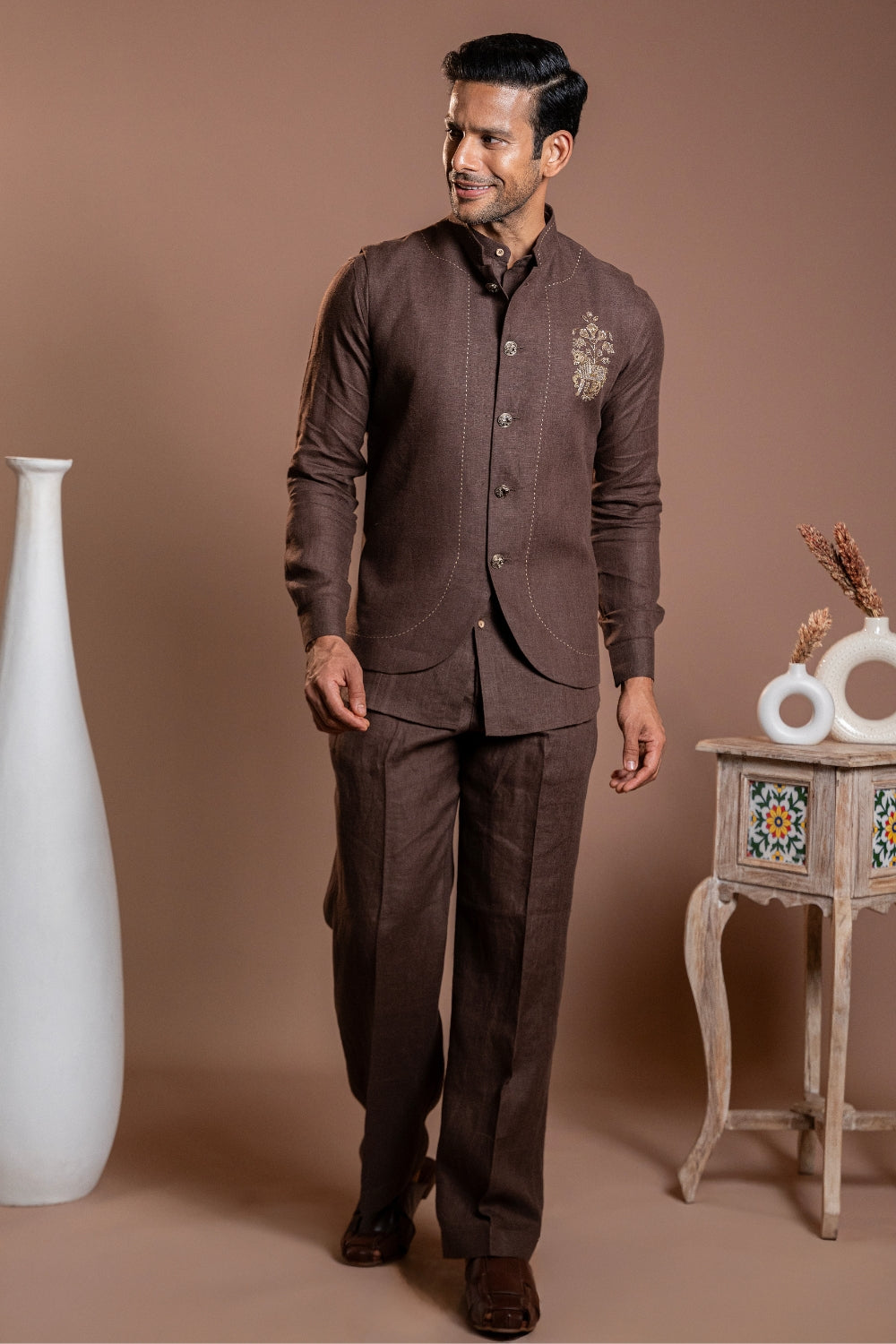 Brown Linen Koti Set with Zardosi Work