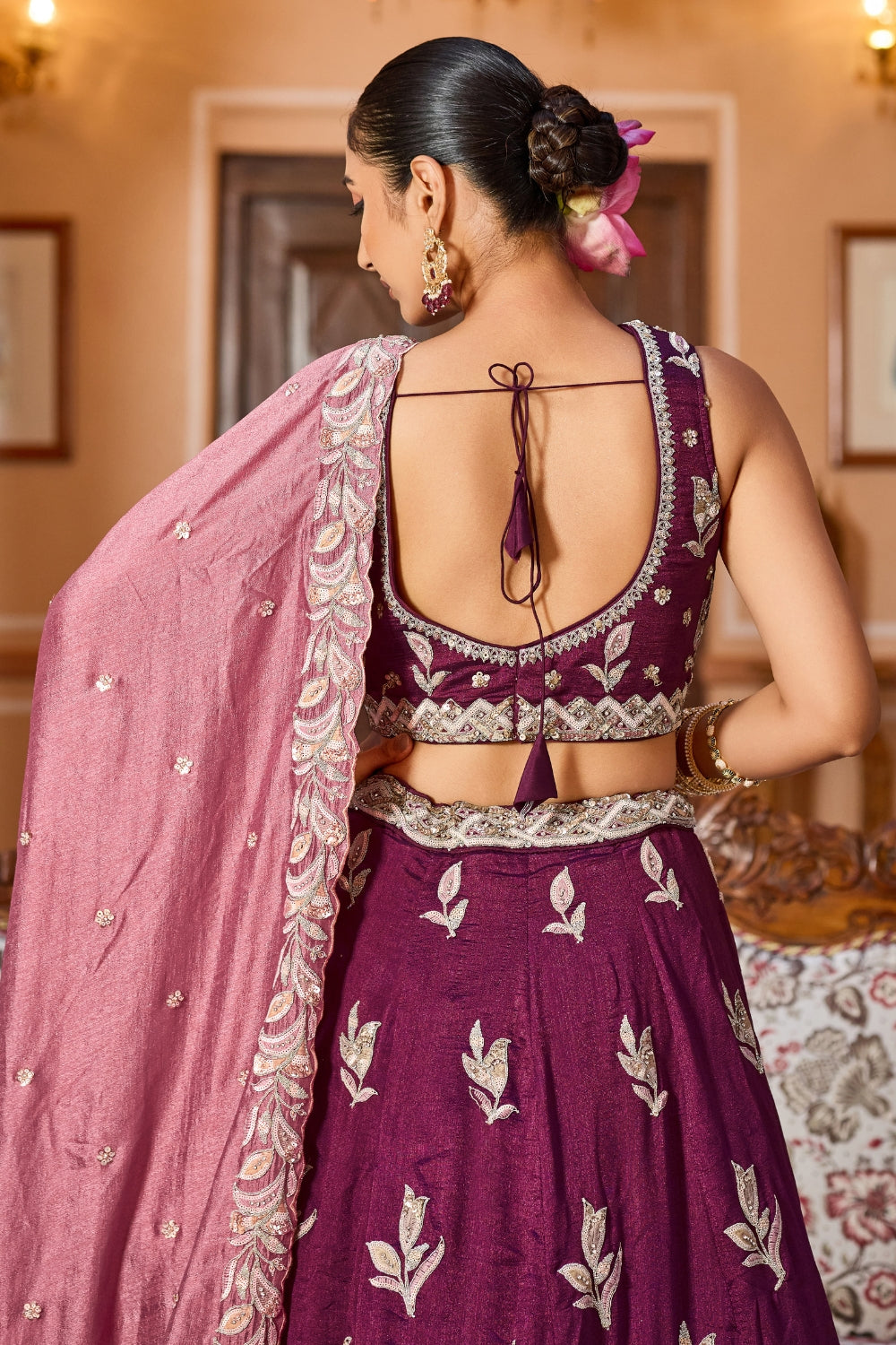 Burgundy Silk Lehenga Set with Resham Embroidery and Sequins Work