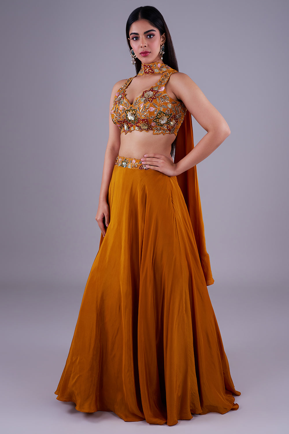 Burnt orange 3D floral lehenga