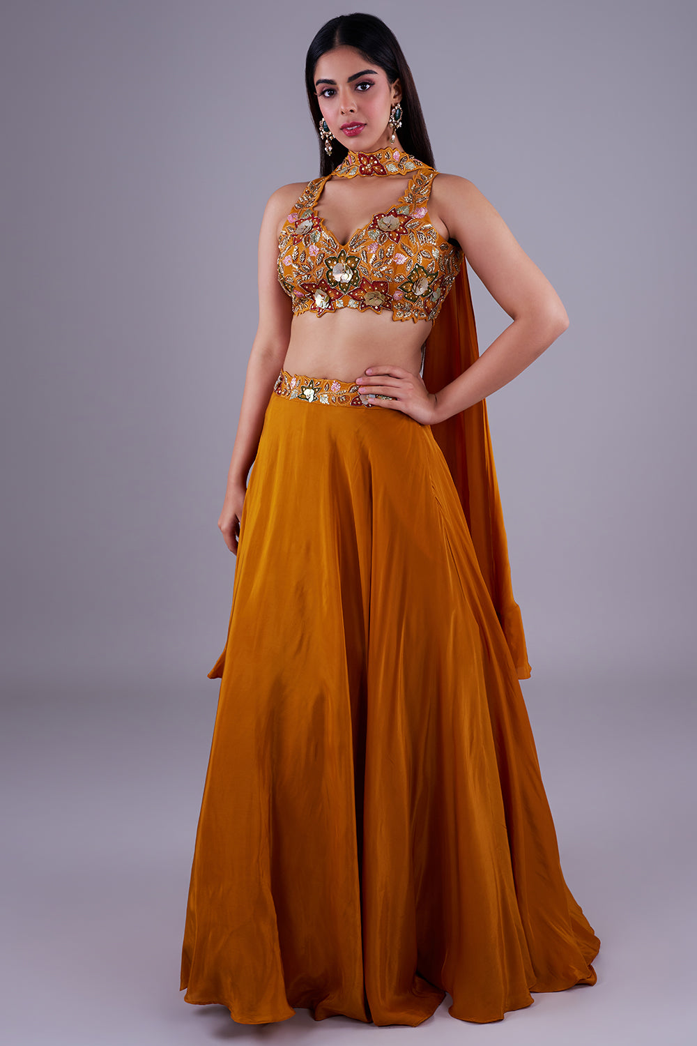 Burnt orange 3D floral lehenga