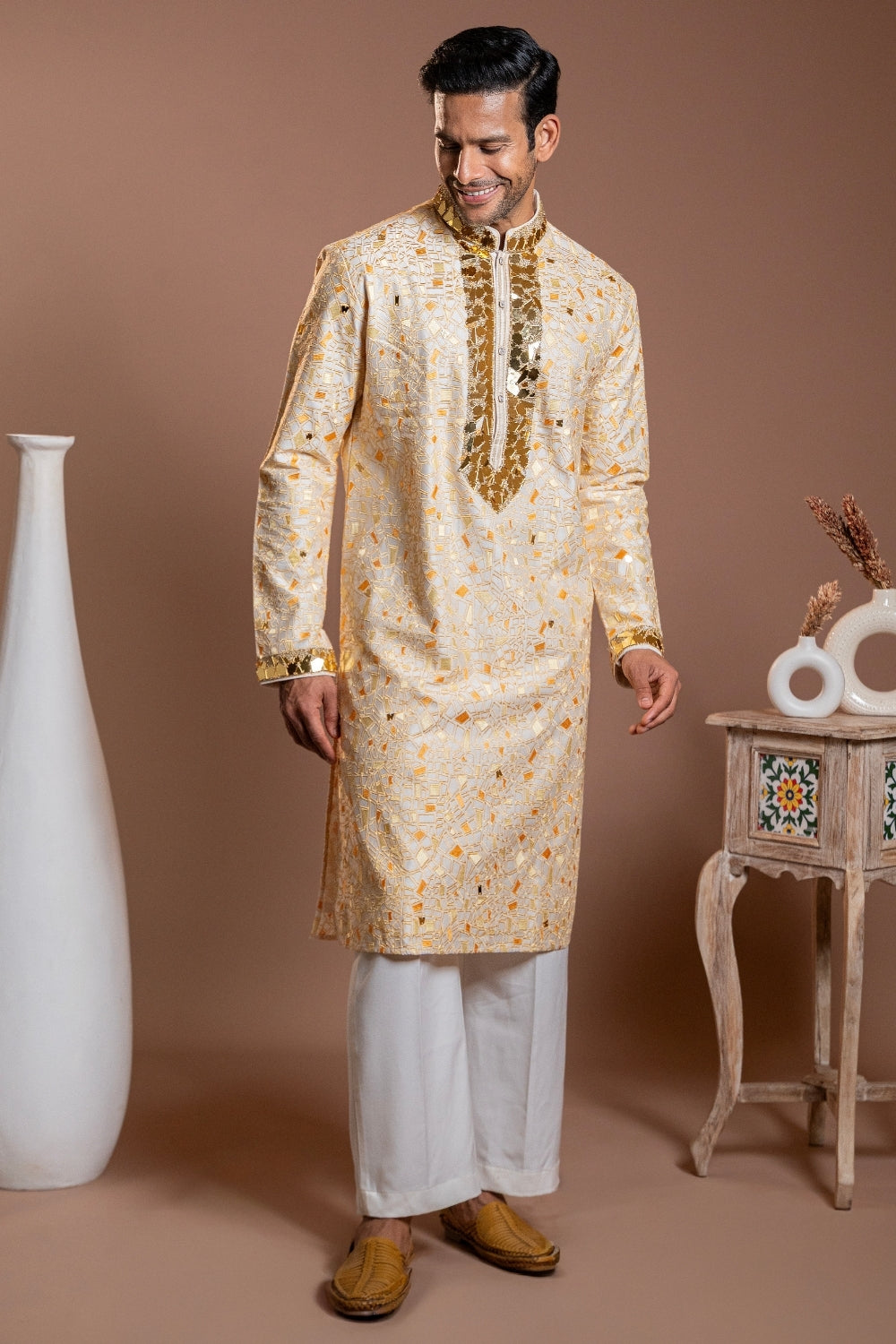 Butter Yellow Silk Kurta Set with Mirror and Moti Work