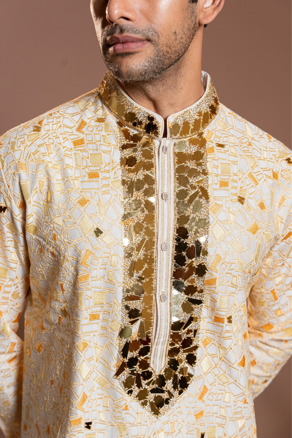 Butter Yellow Silk Kurta Set with Mirror and Moti Work