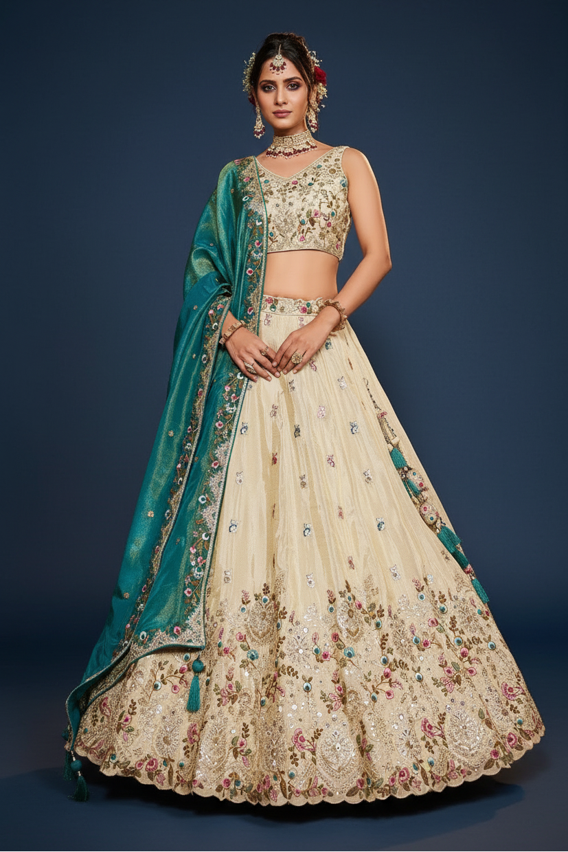 Cream Tissue Lehenga with sequins and beads work