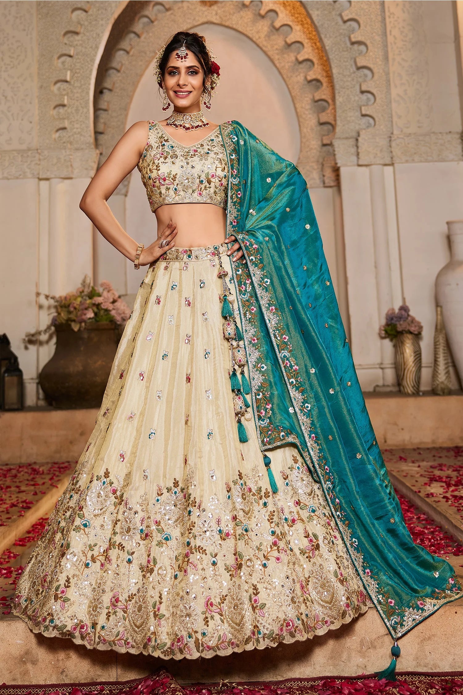 Cream Tissue Lehenga with sequins and beads work