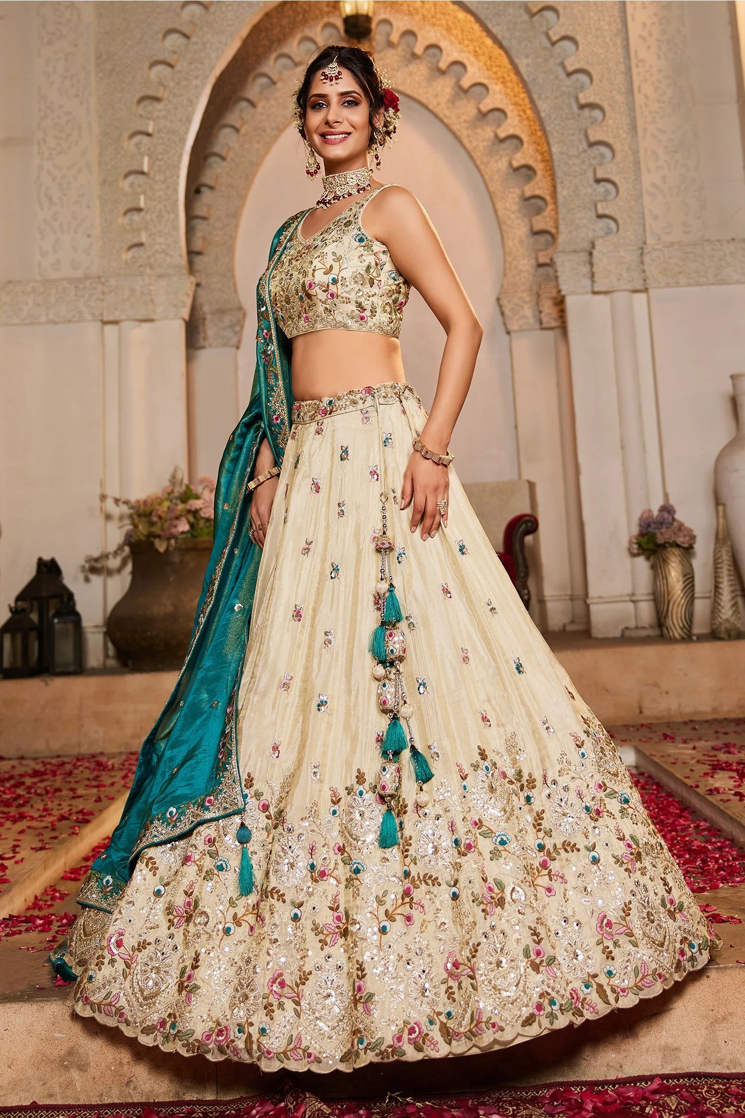 Cream Tissue Lehenga with sequins and beads work