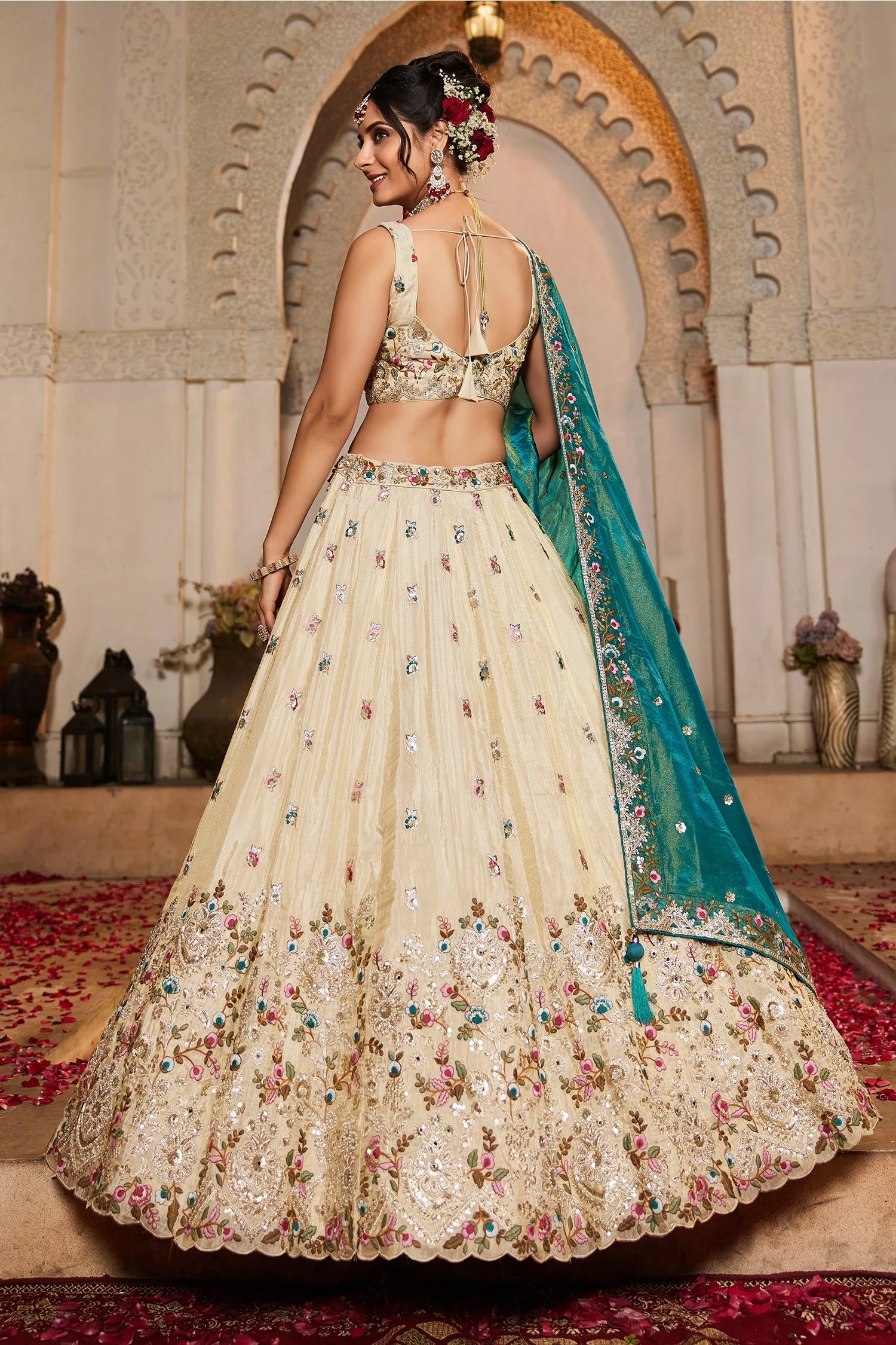 Cream Tissue Lehenga with sequins and beads work