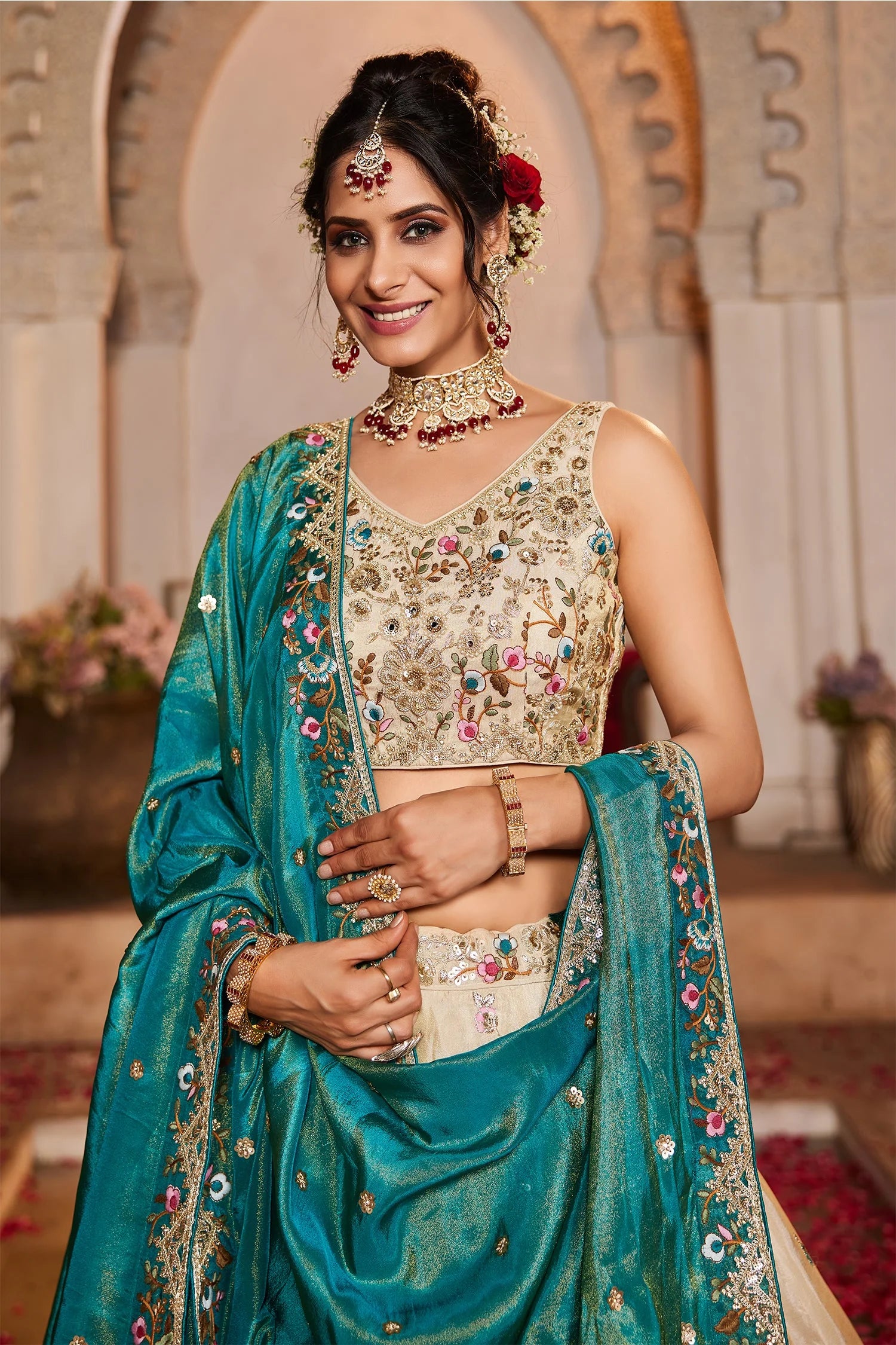 Cream Tissue Lehenga with sequins and beads work