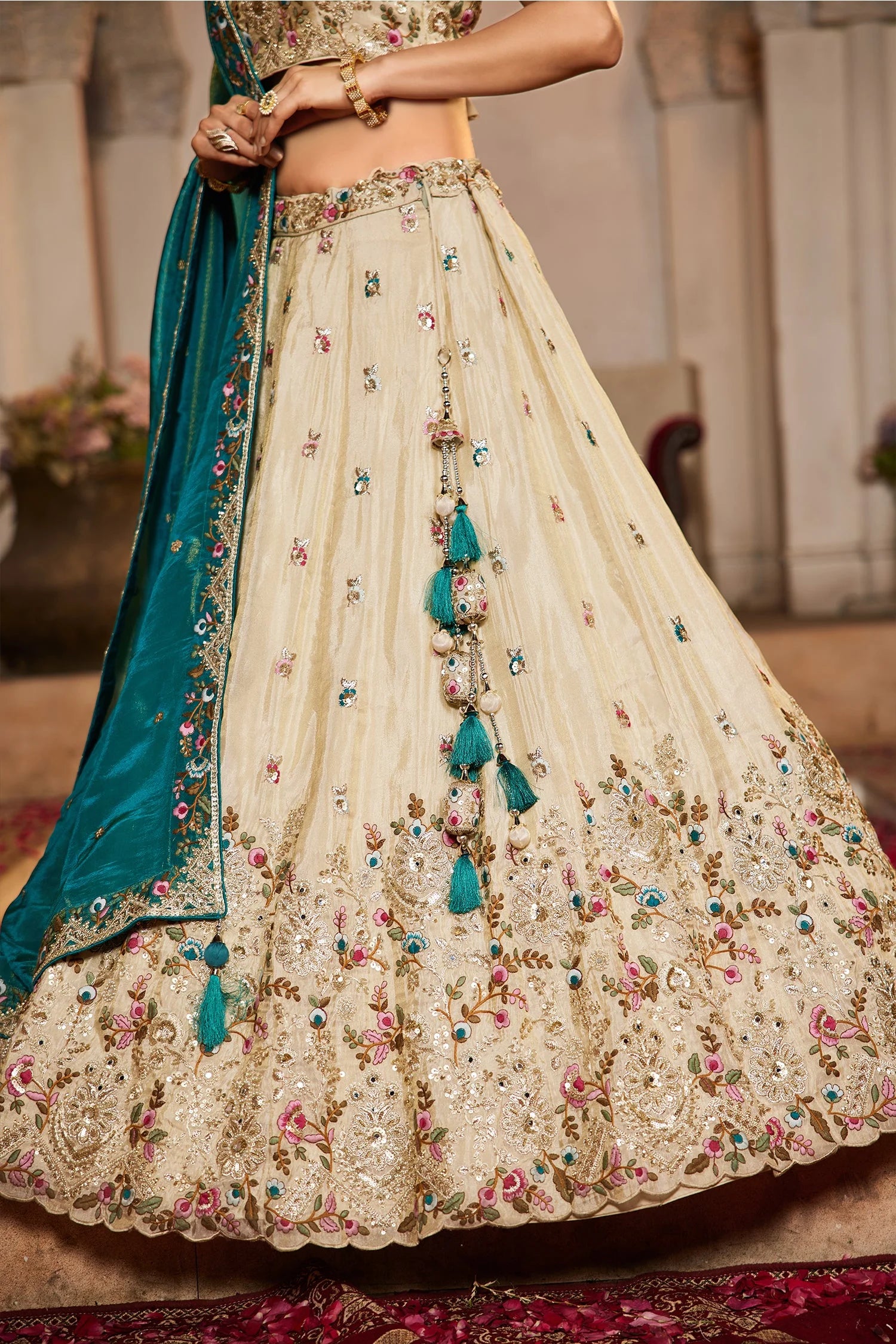 Cream Tissue Lehenga with sequins and beads work