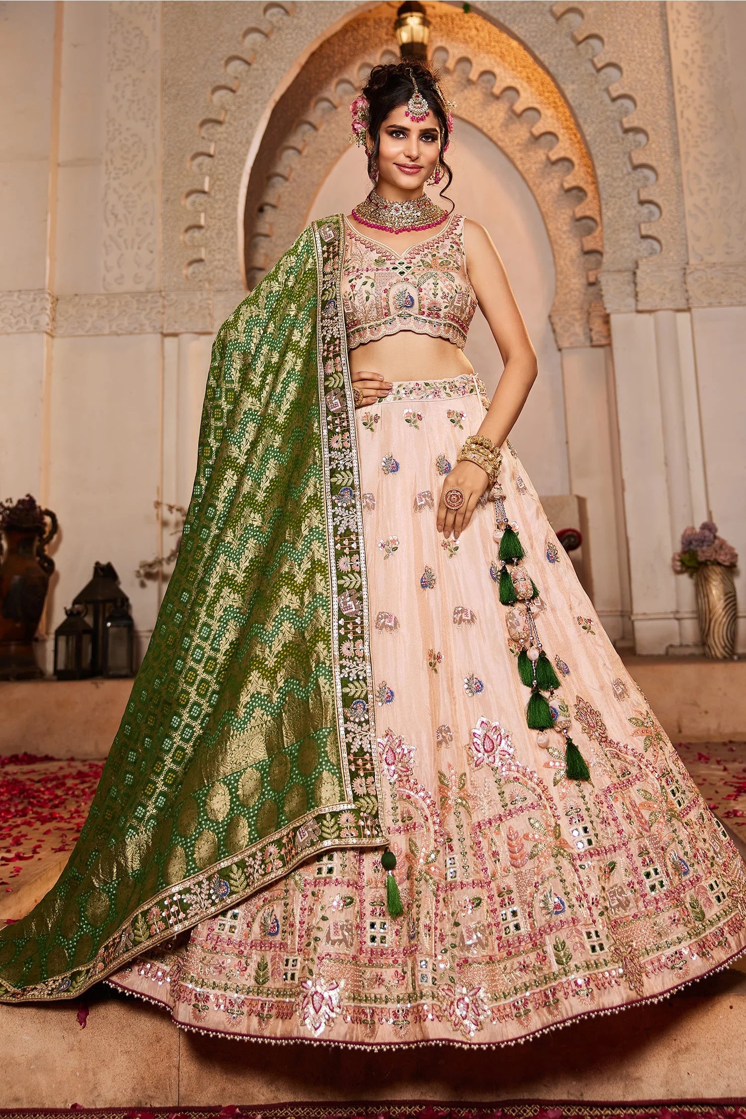 Peach Tissue Lehenga with Sequins and Mirror Work