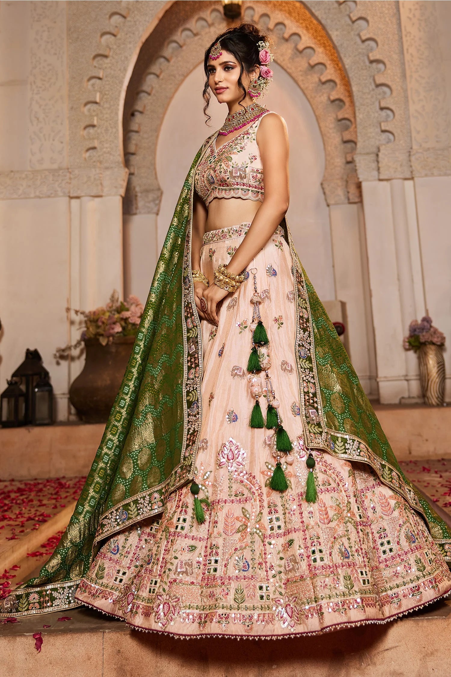 Peach Tissue Lehenga with Sequins and Mirror Work