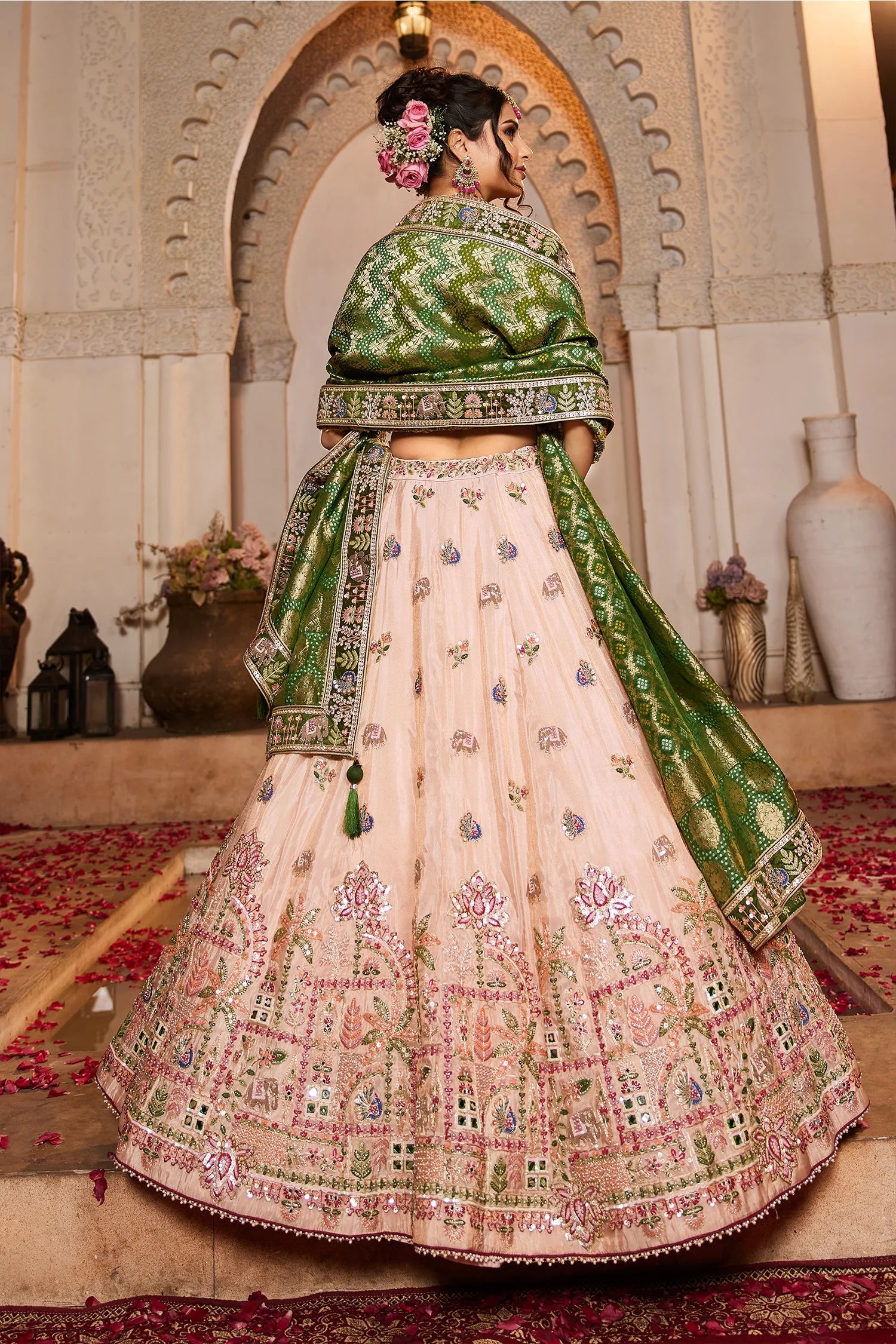 Peach Tissue Lehenga with Sequins and Mirror Work