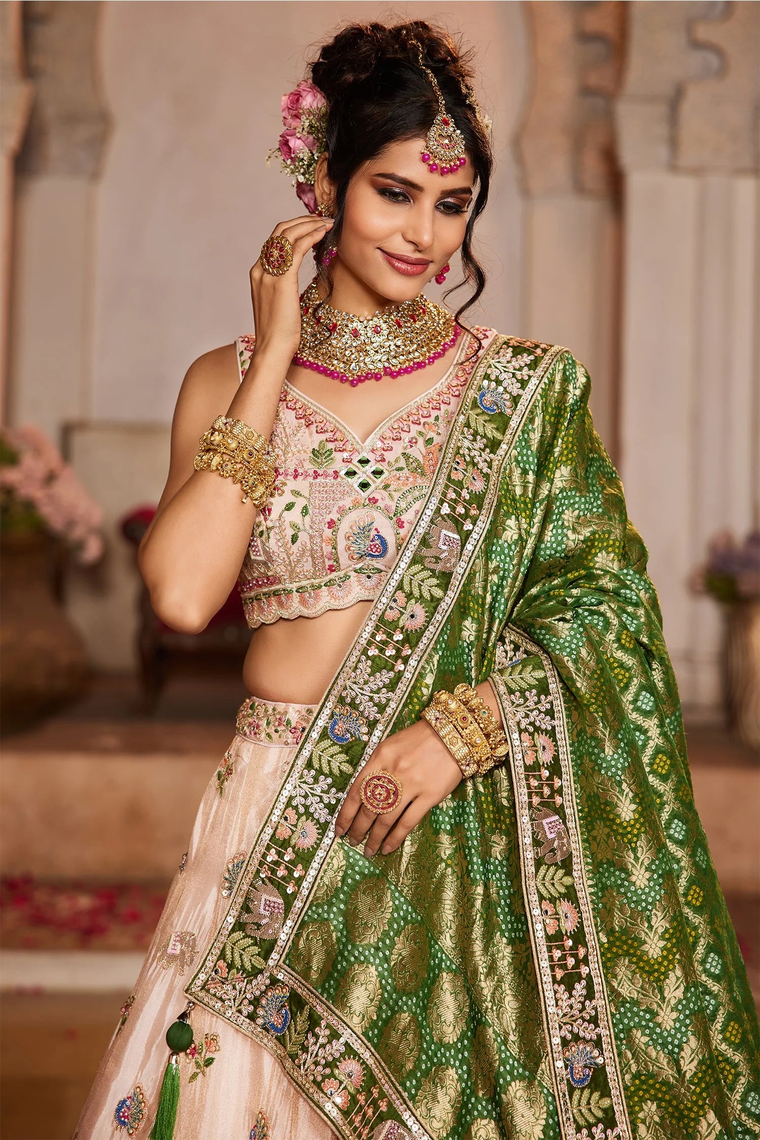 Peach Tissue Lehenga with Sequins and Mirror Work