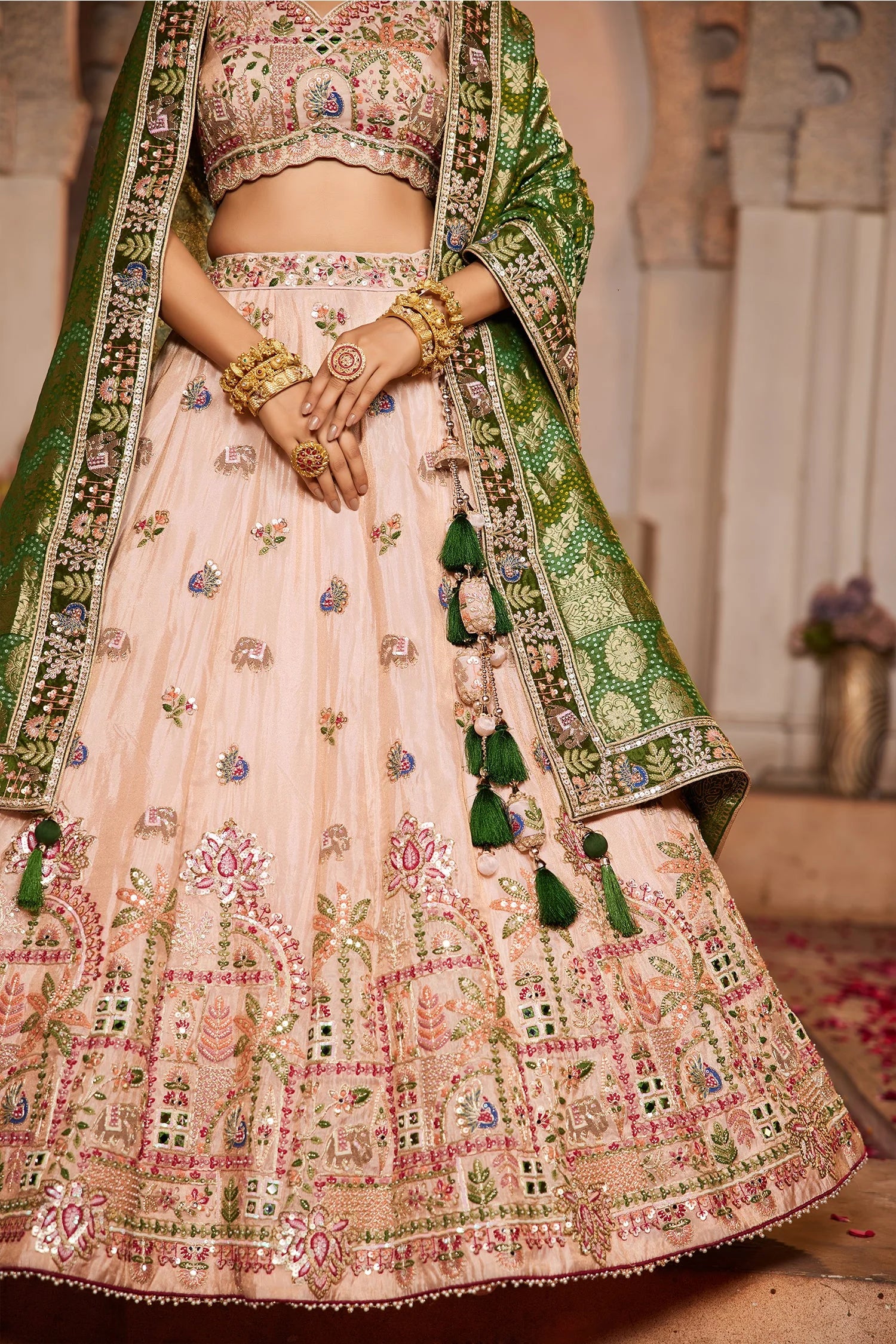 Peach Tissue Lehenga with Sequins and Mirror Work