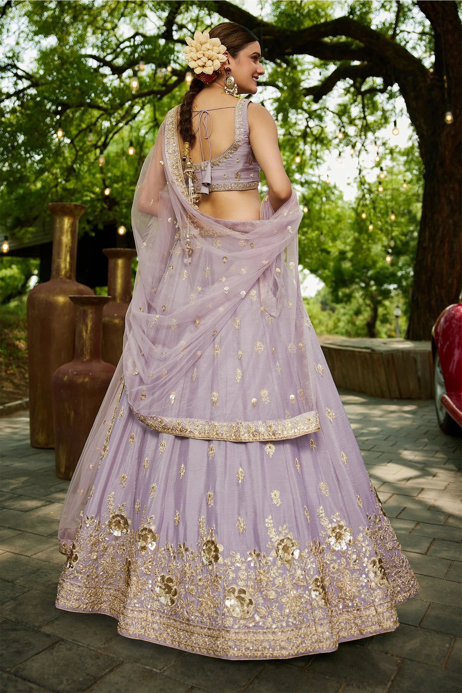 Mauve Chinon Chiffon Lehenga with Sequins & Beads Work