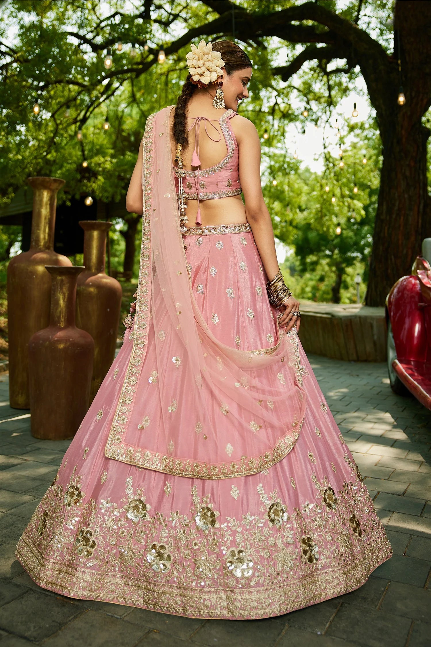 Pink Chinon Chiffon Lehenga with Sequins & Beads Embroidery