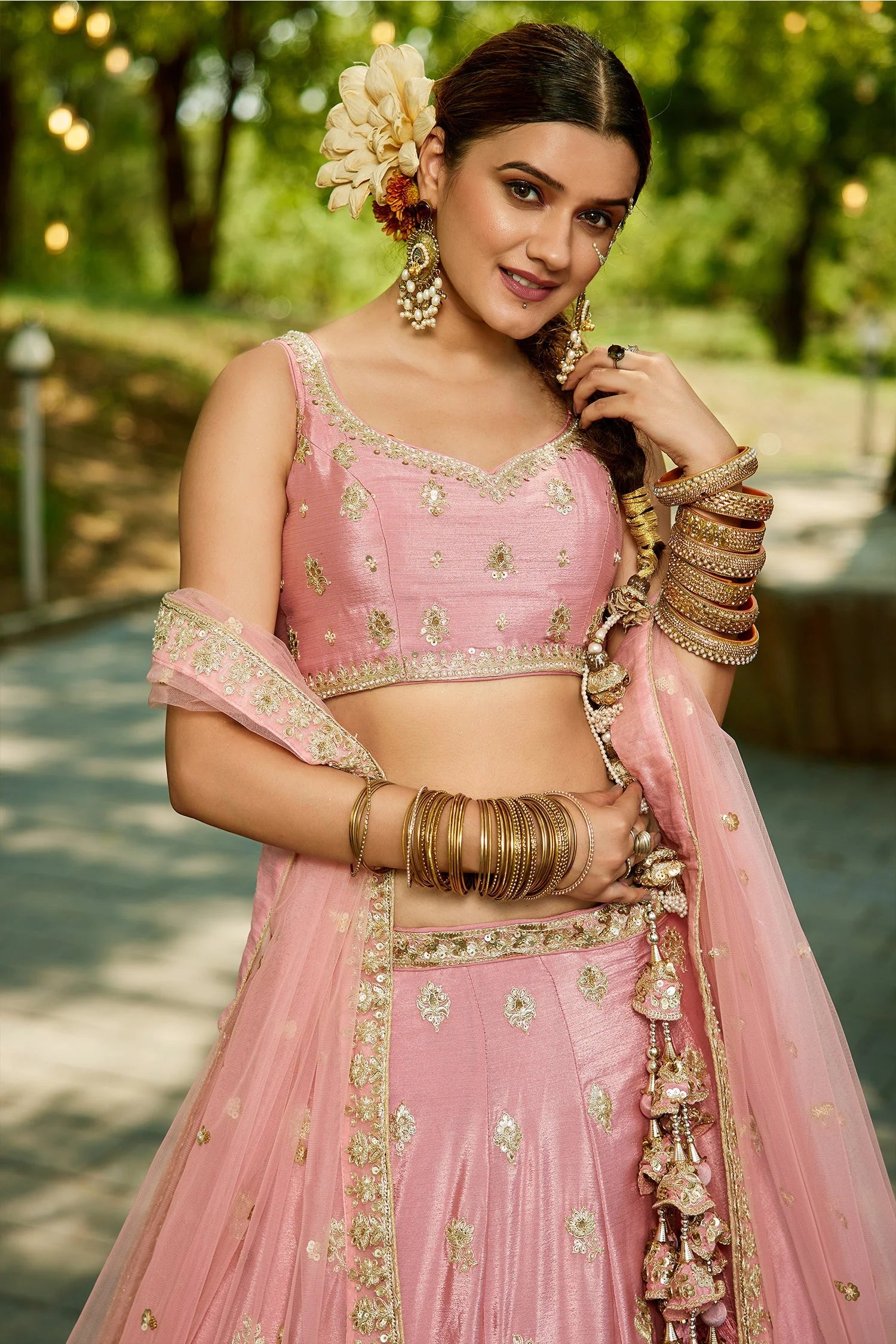 Pink Chinon Chiffon Lehenga with Sequins & Beads Embroidery