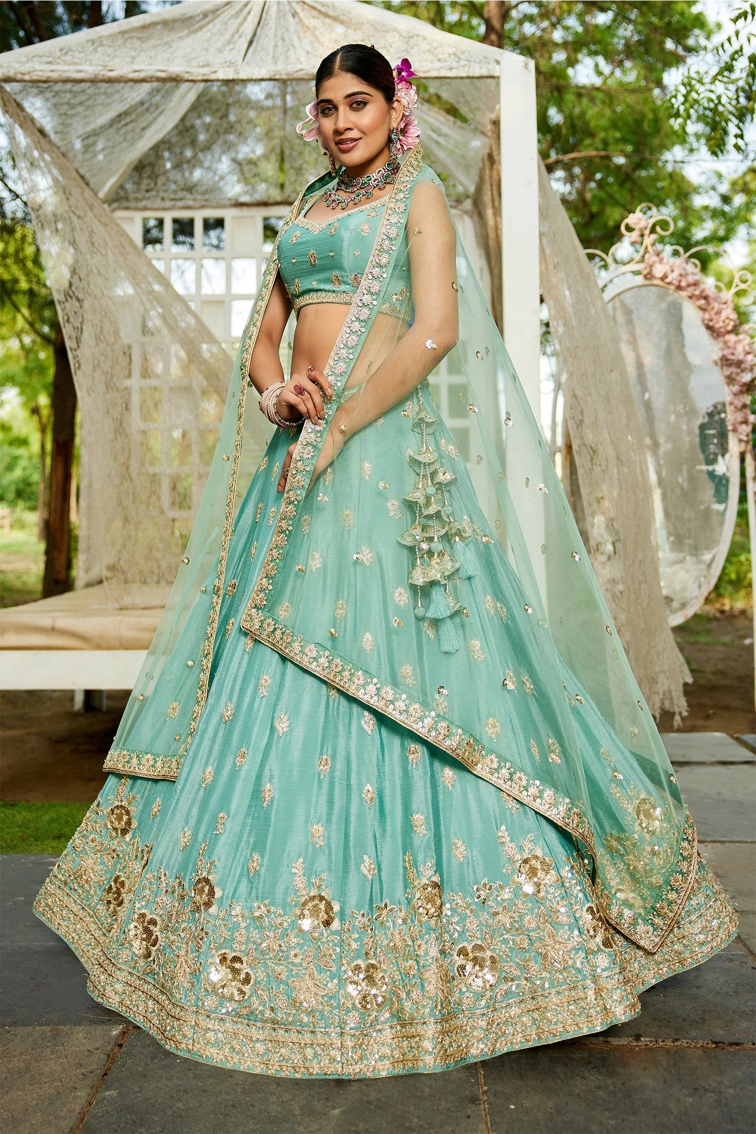 Sea Green Chinon Chiffon Lehenga with sequins & beads embroidery