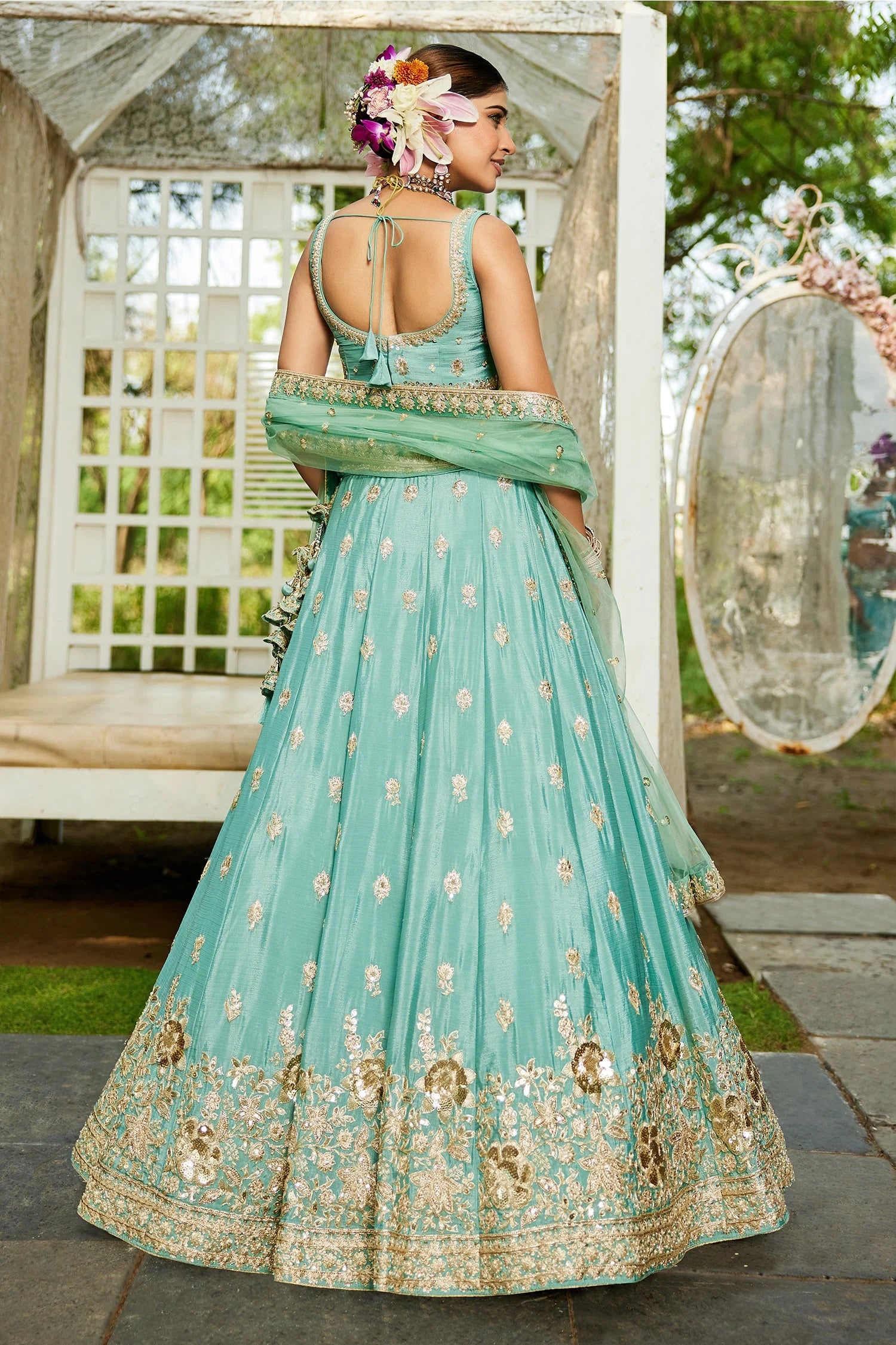 Sea Green Chinon Chiffon Lehenga with sequins & beads embroidery