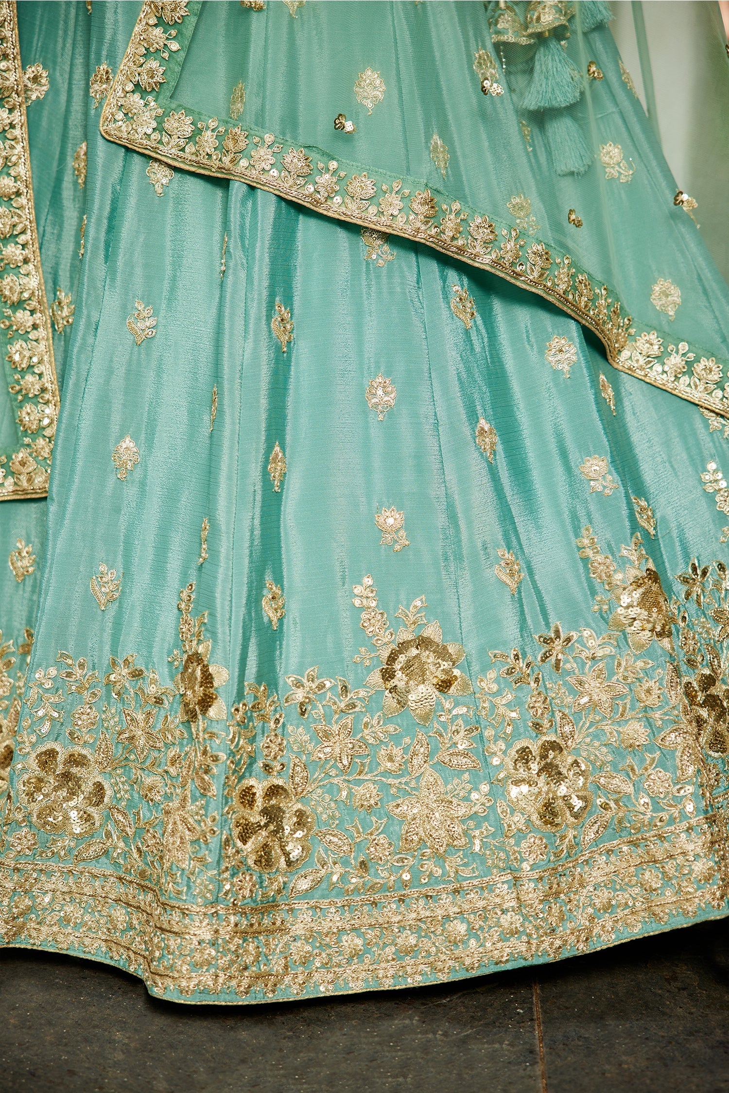 Sea Green Chinon Chiffon Lehenga with sequins & beads embroidery