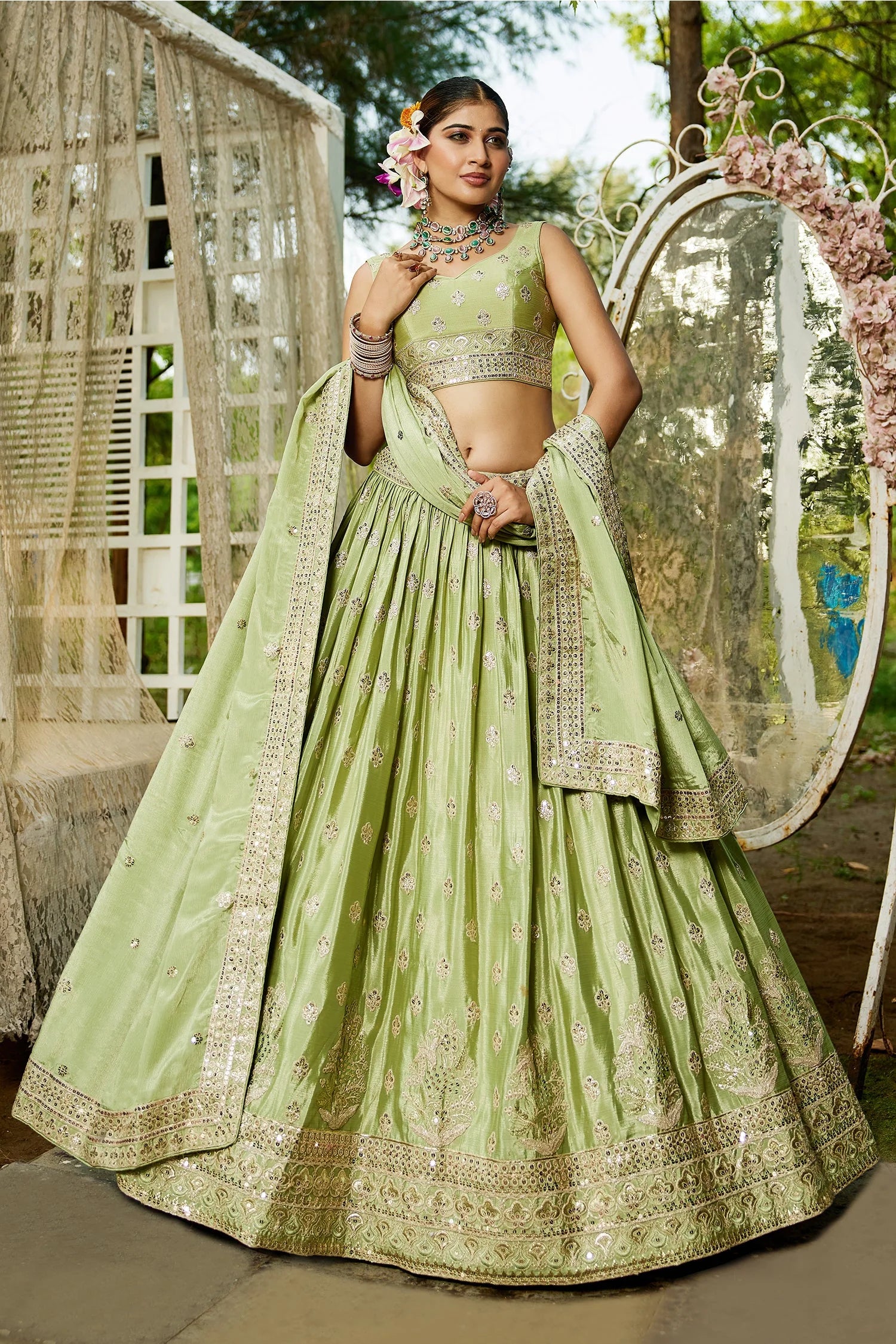 Lime Green Chiffon Lehenga with Sequins Embroidery