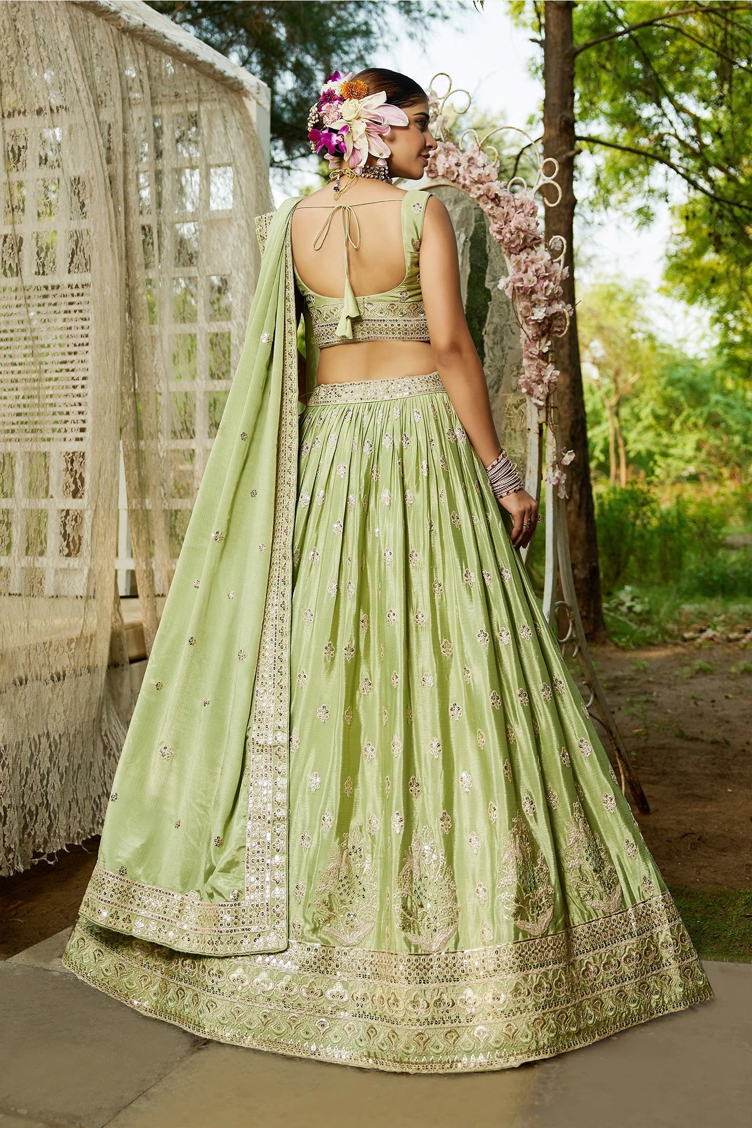 Lime Green Chiffon Lehenga with Sequins Embroidery