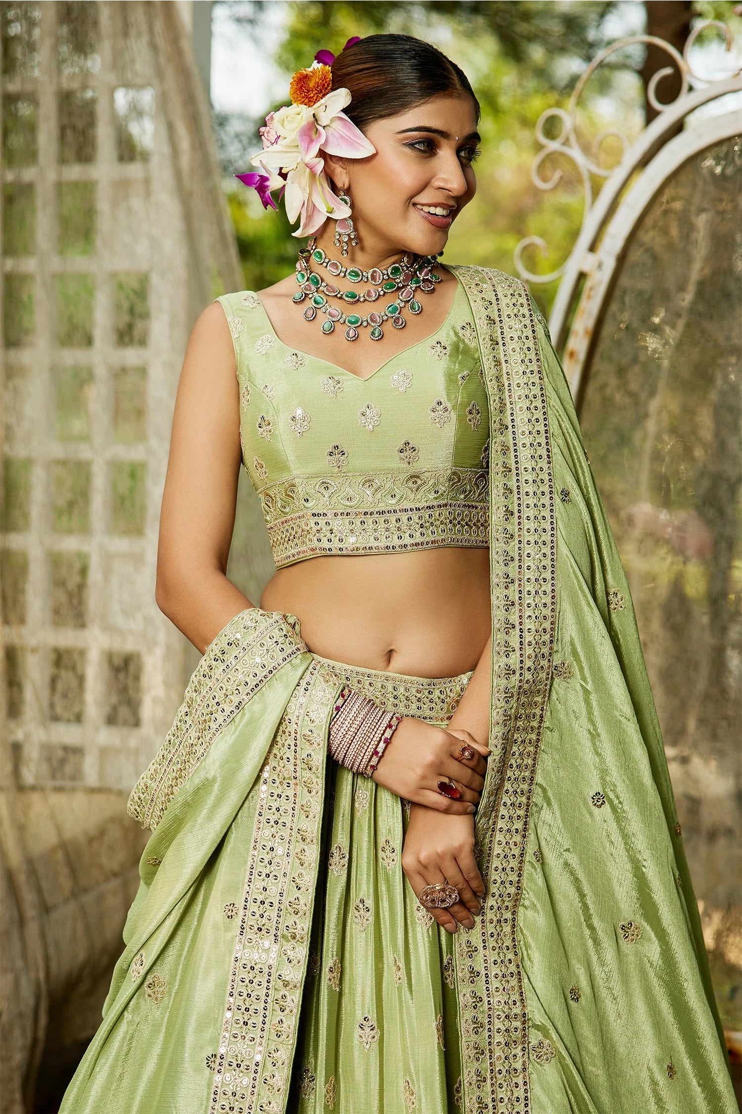Lime Green Chiffon Lehenga with Sequins Embroidery