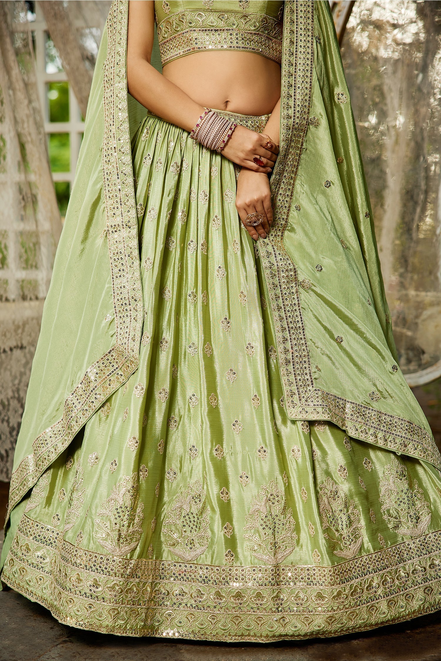 Lime Green Chiffon Lehenga with Sequins Embroidery