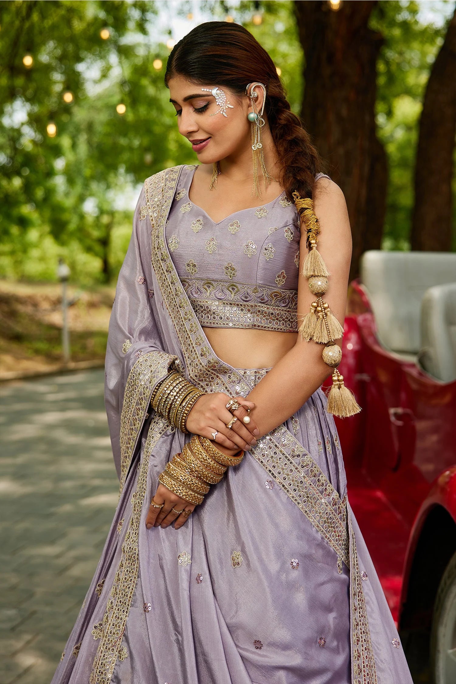 Mauve Chiffon Lehenga Set with Sequins Embroidery