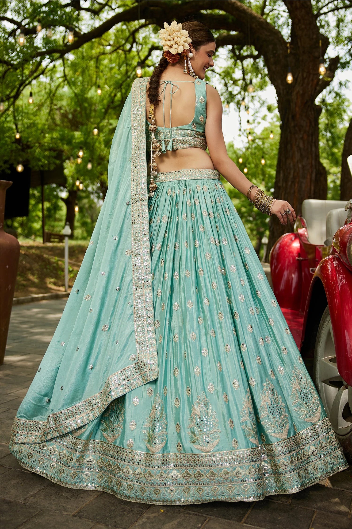 Sea Green Chiffon Lehenga with Sequins Embroidery