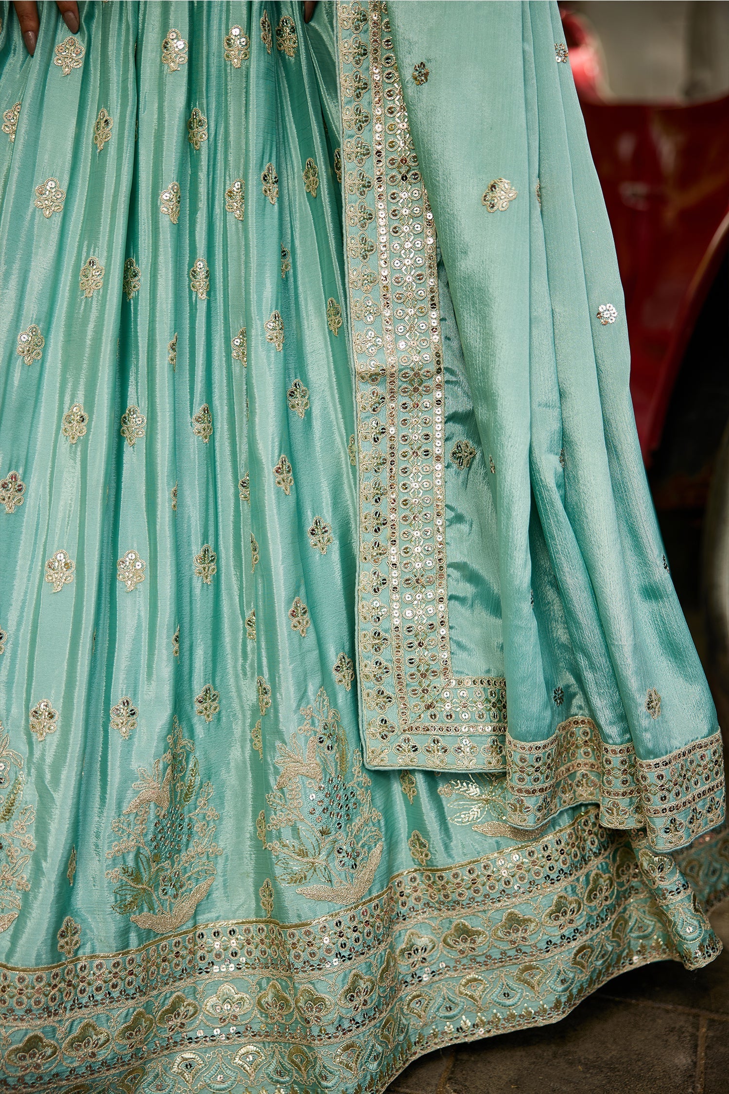 Sea Green Chiffon Lehenga with Sequins Embroidery