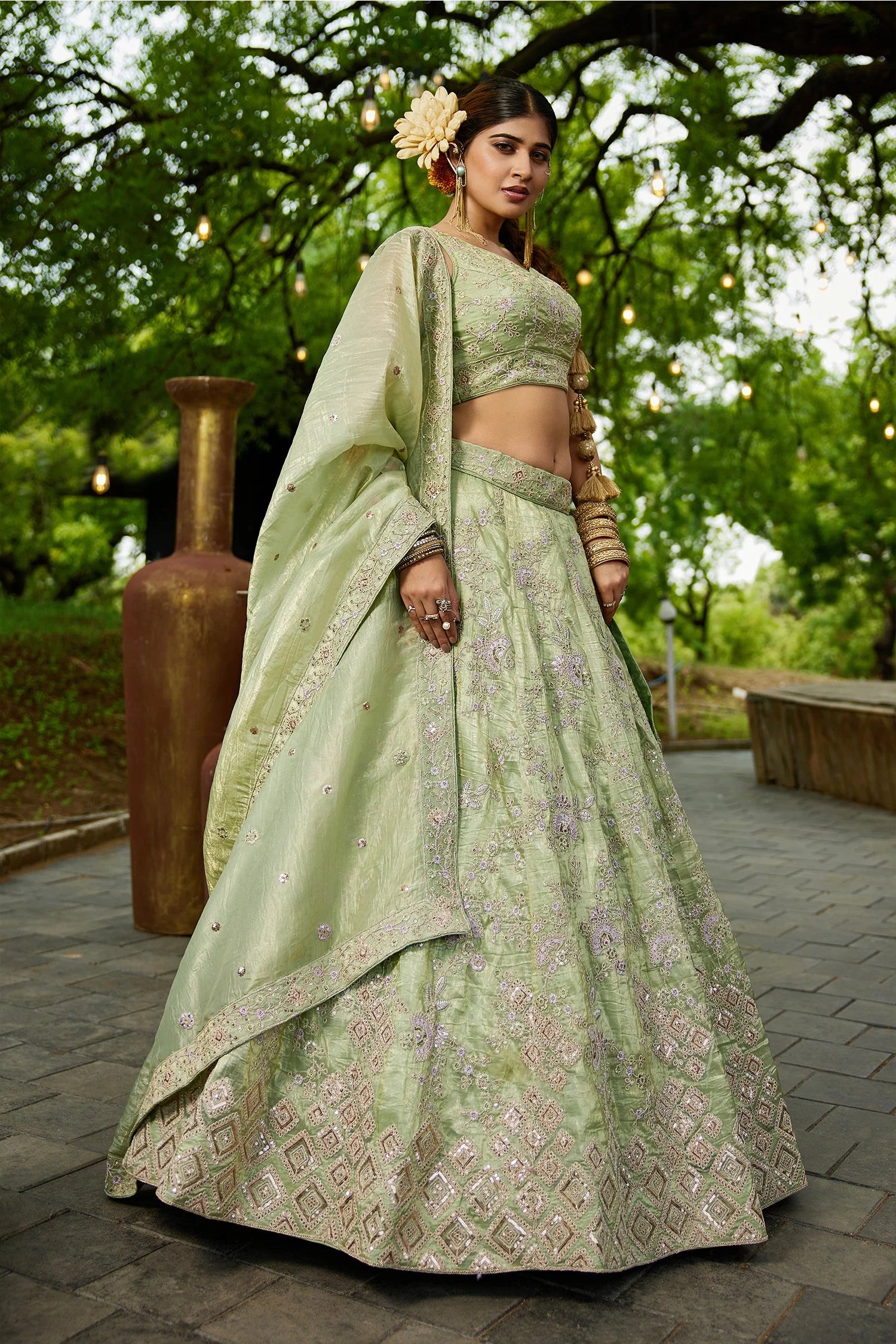 Lime Green Tissue Lehenga with Sequins Embroidery