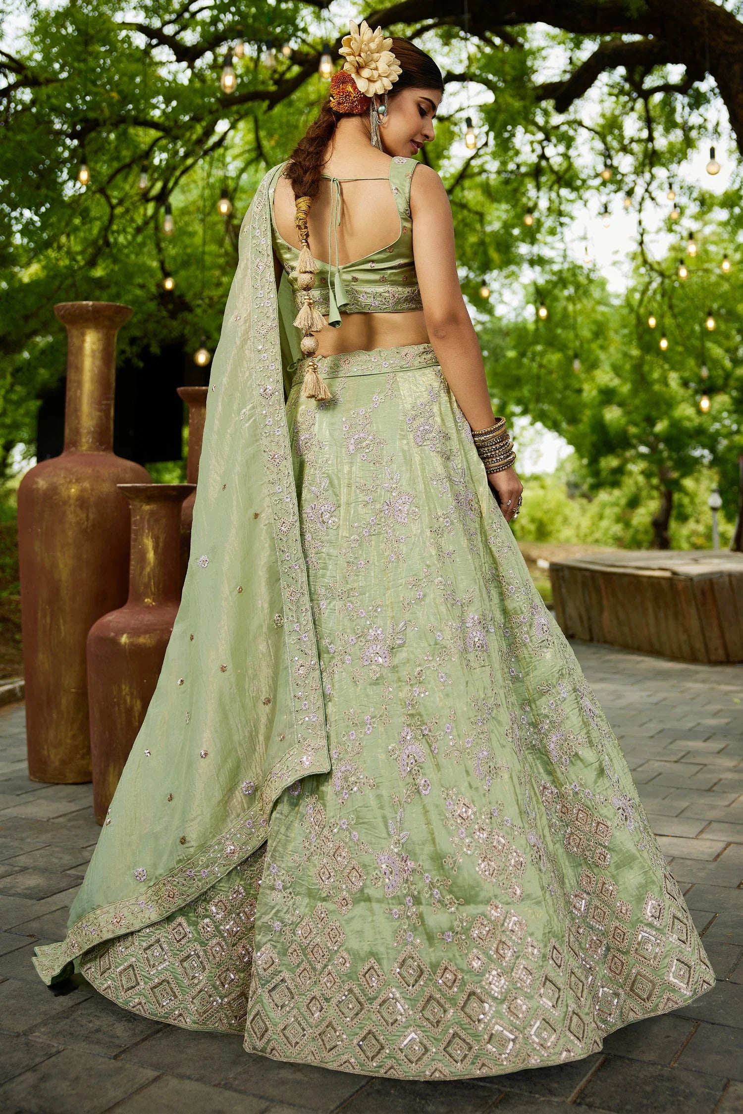 Lime Green Tissue Lehenga with Sequins Embroidery