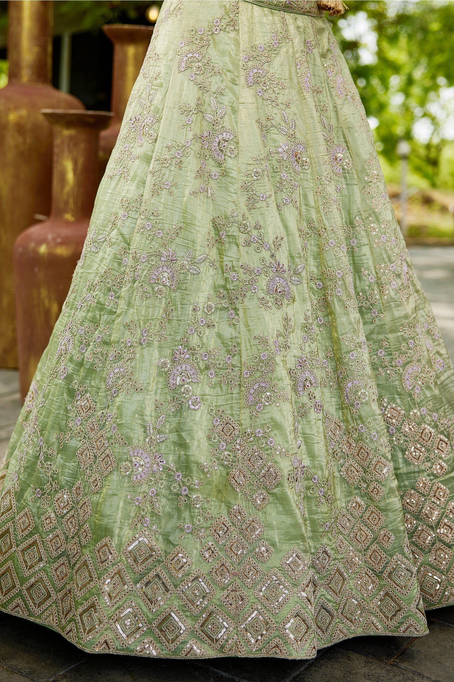 Lime Green Tissue Lehenga with Sequins Embroidery