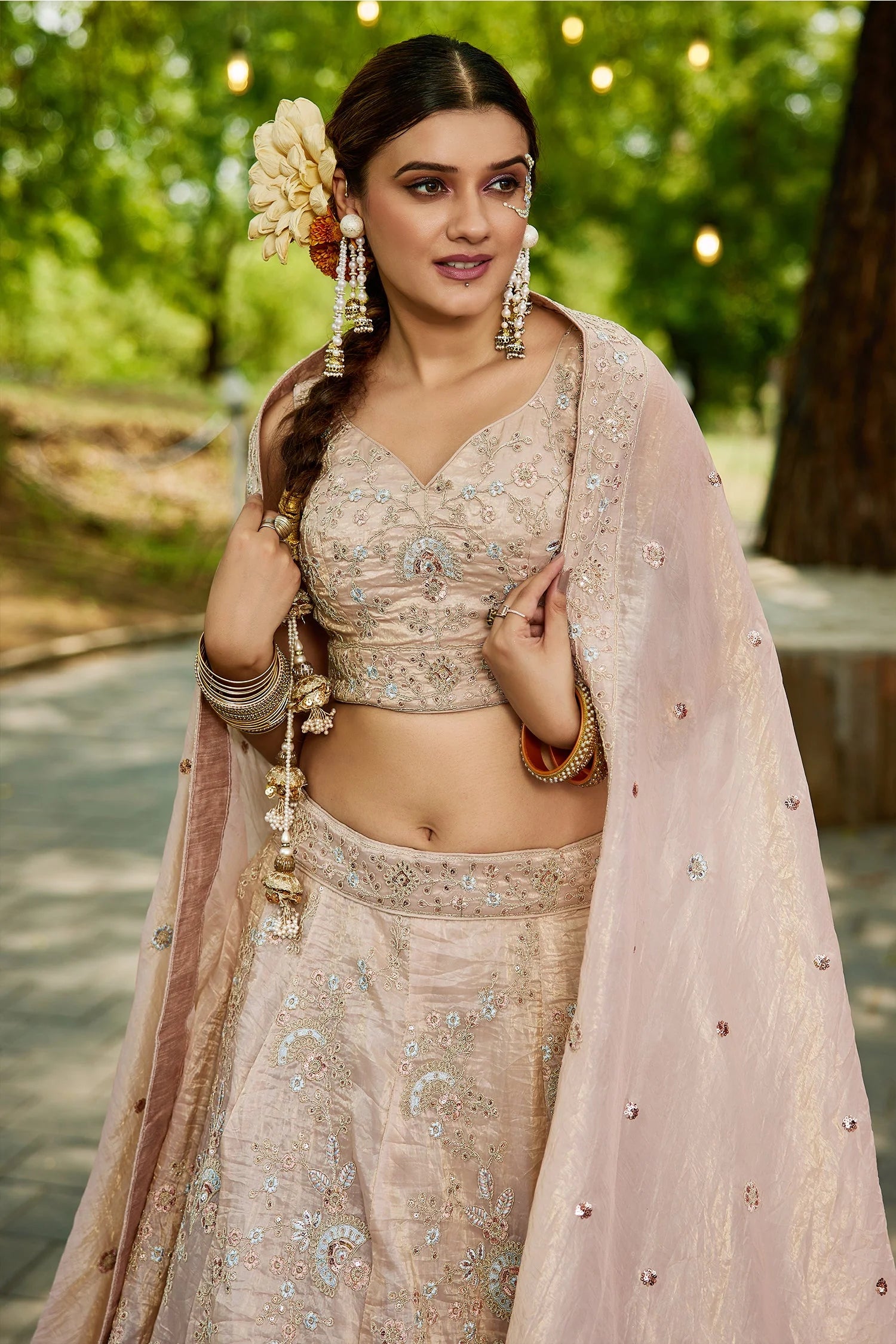 Peach Tissue Sequin Embroidered Lehenga