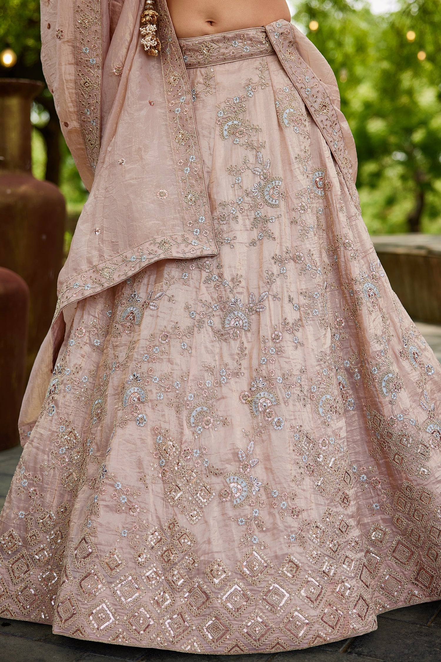 Peach Tissue Sequin Embroidered Lehenga