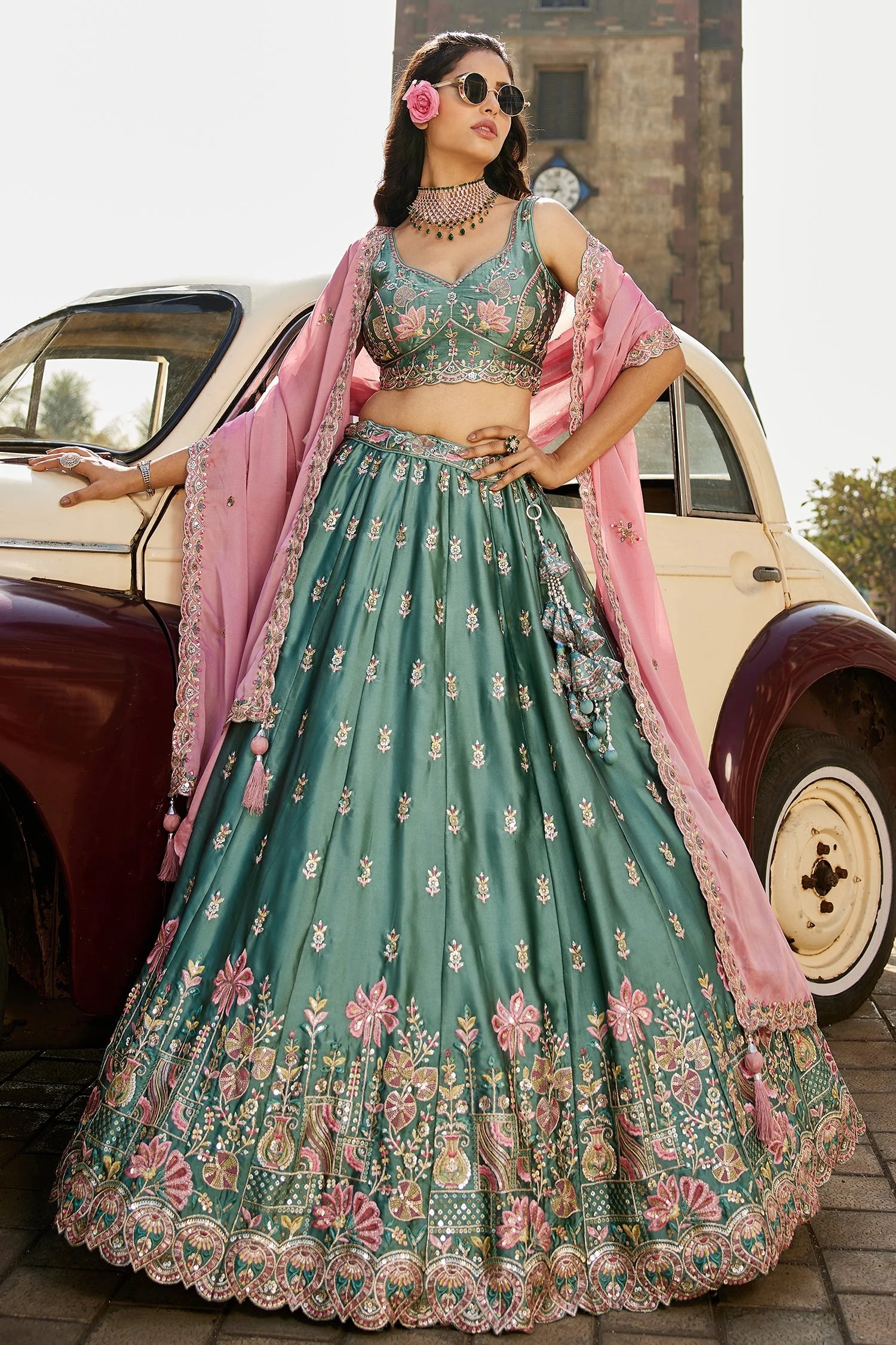 Teal Green Georgette Lehenga with Sequins Embroidery