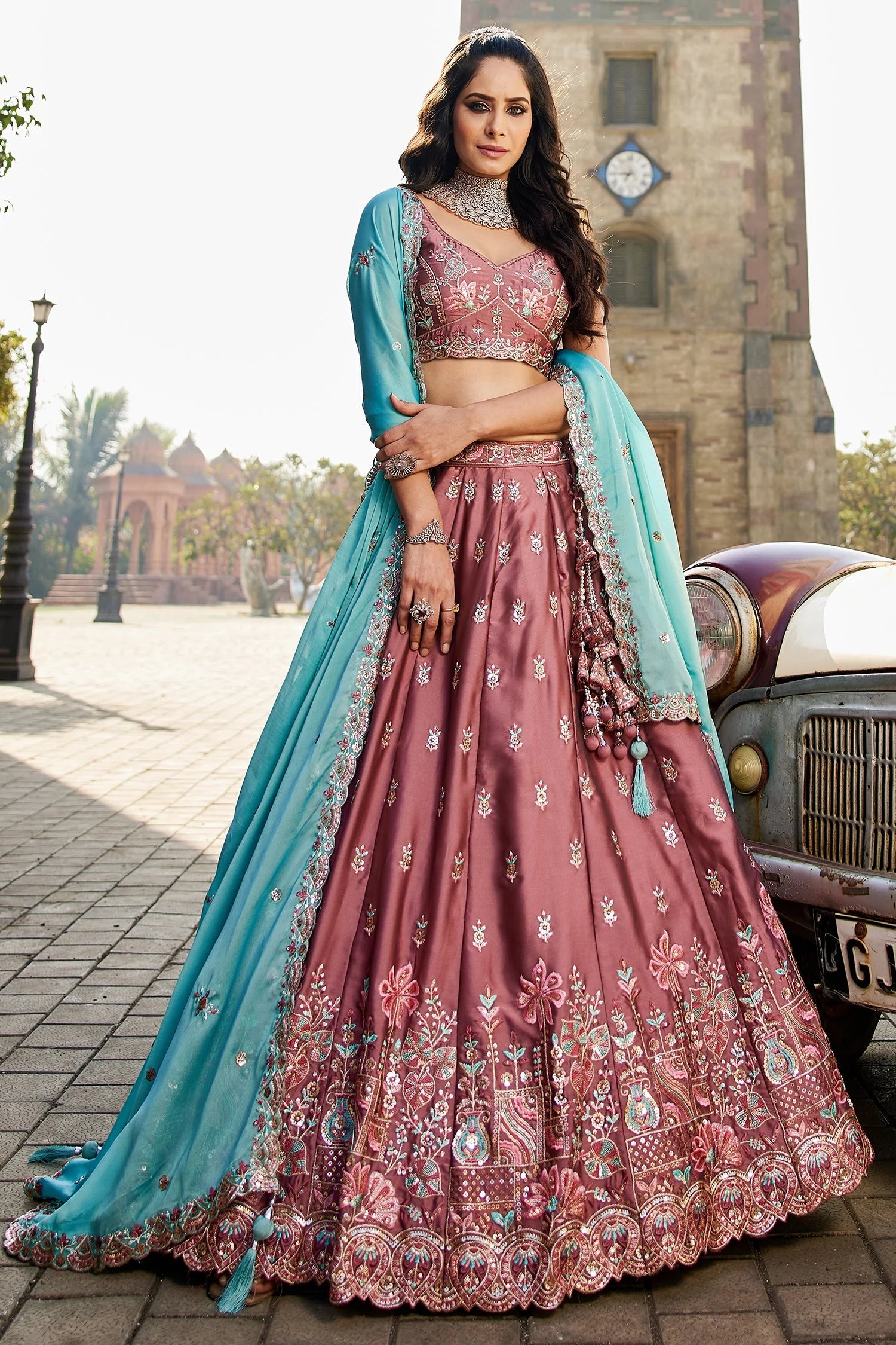 Rose Pink Georgette Lehenga with Sequins Embroidery