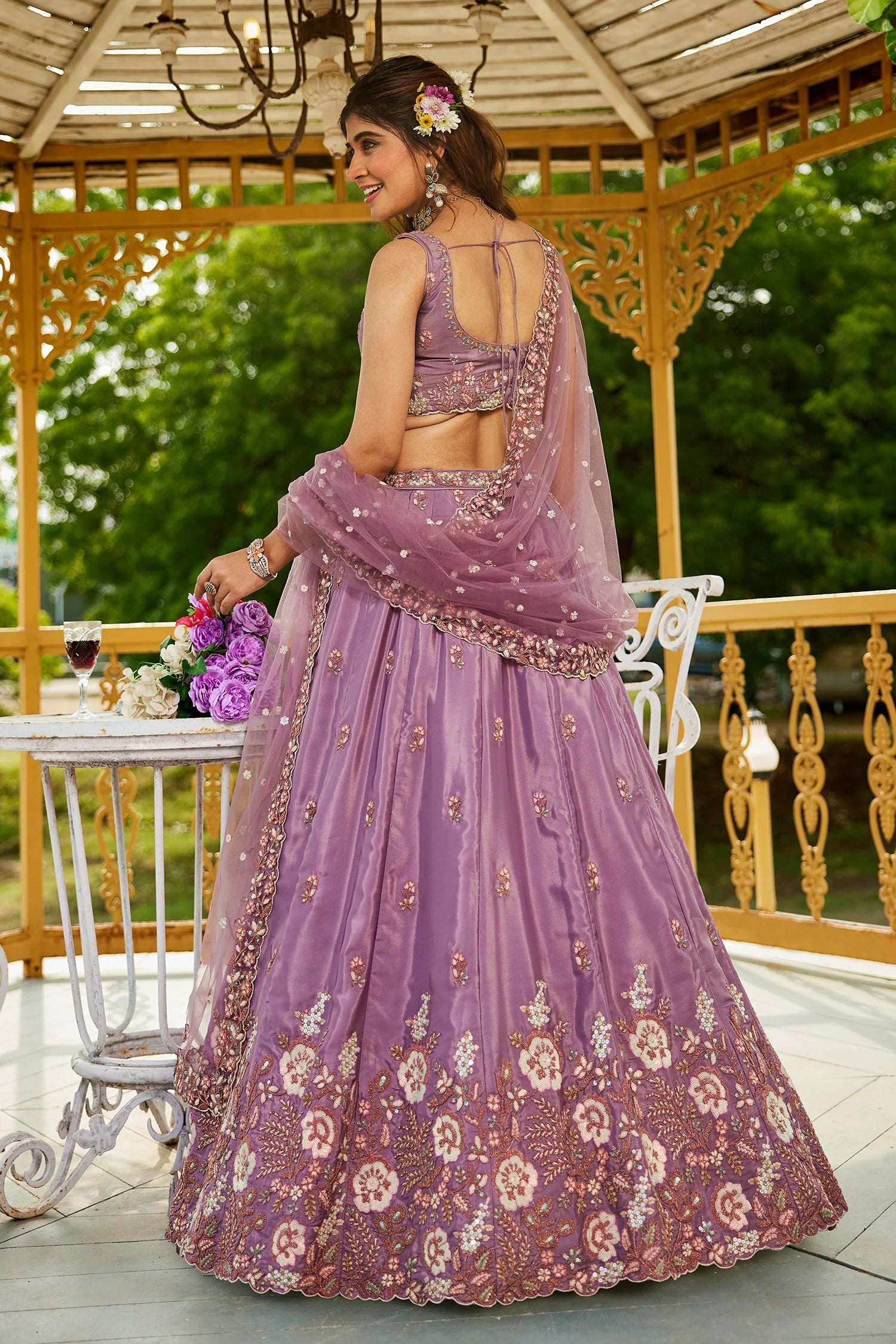 Mauve Purple Satin Lehenga with Floral Sequins Embroidery