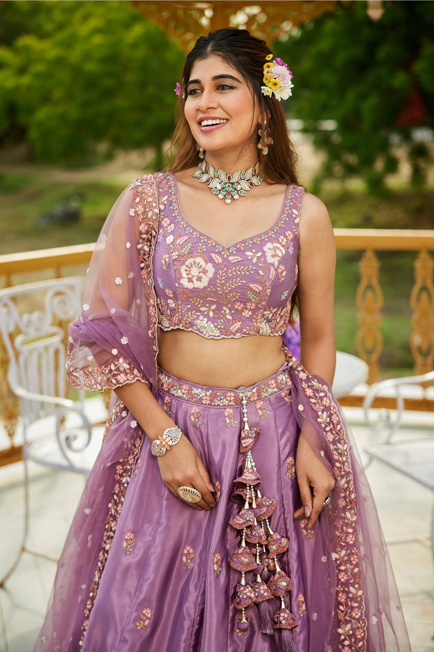 Mauve Purple Satin Lehenga with Floral Sequins Embroidery