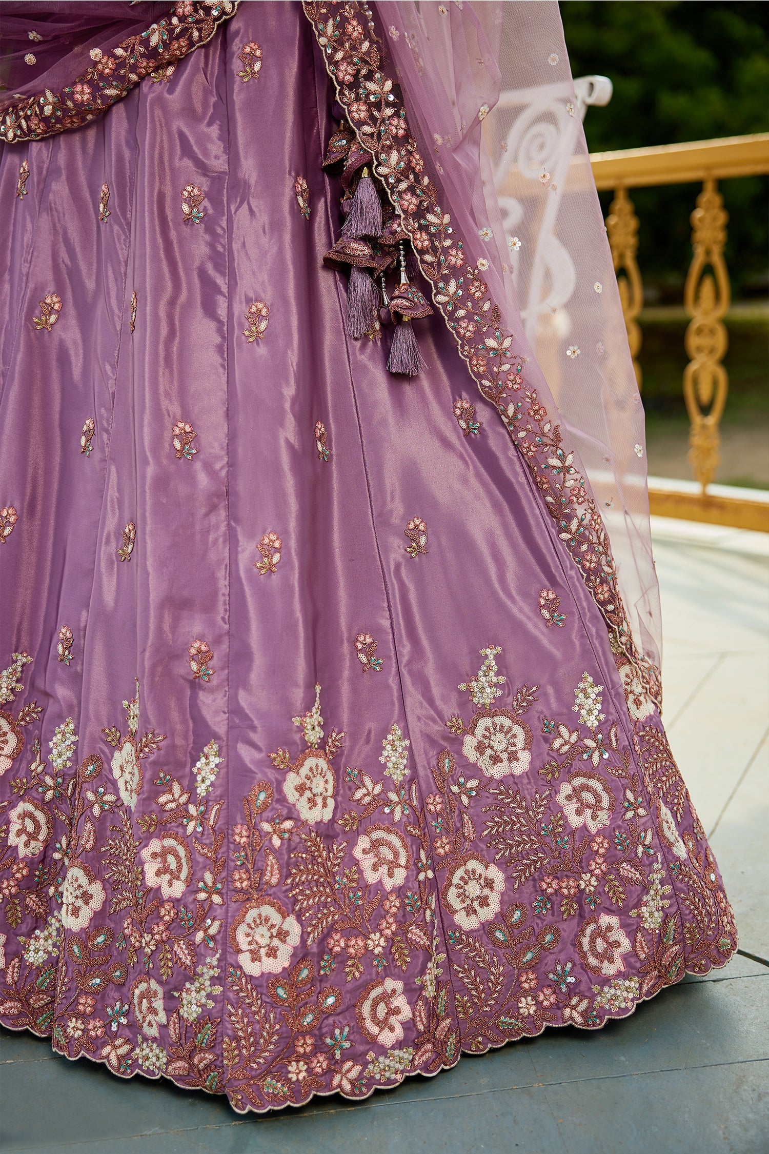 Mauve Purple Satin Lehenga with Floral Sequins Embroidery