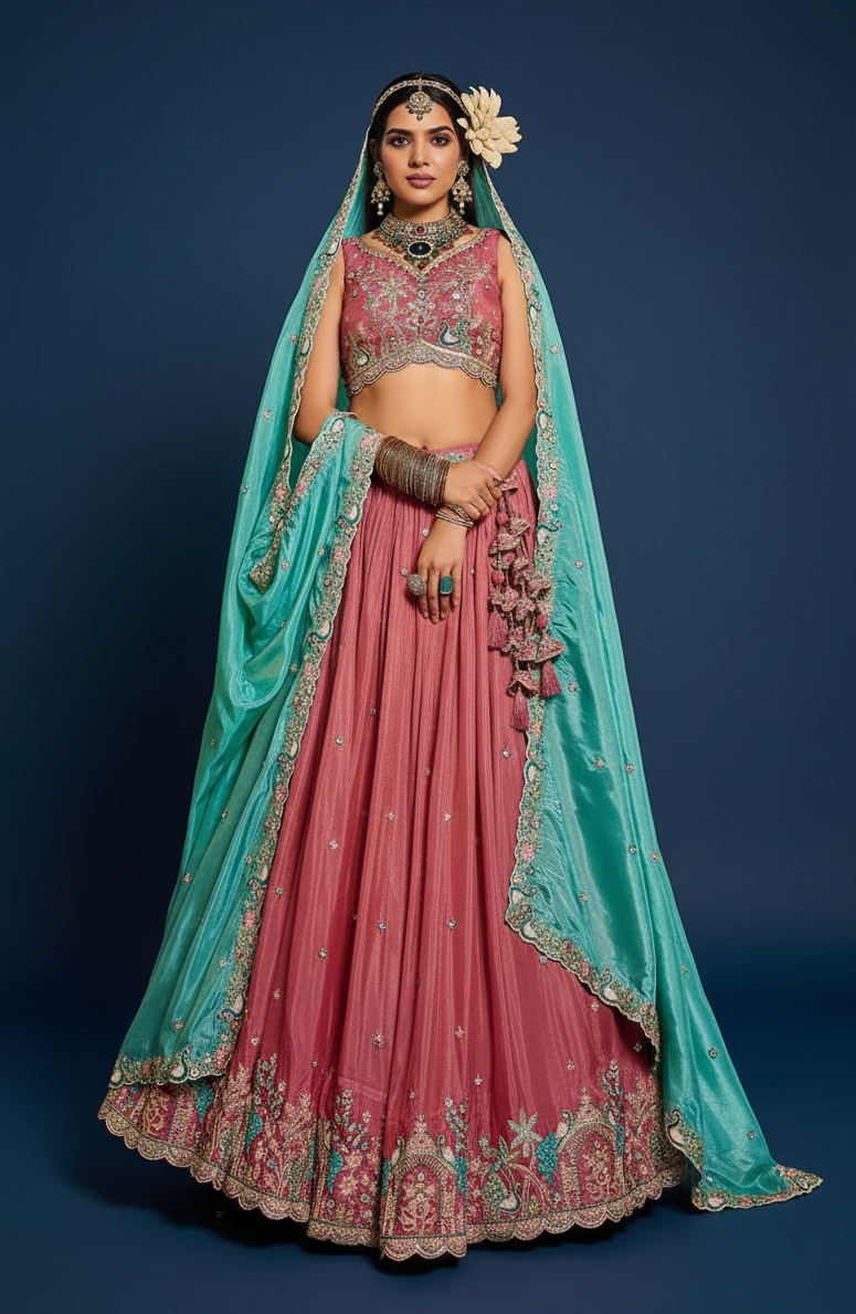 Pink Satin Lehenga with Sequins Embroidery
