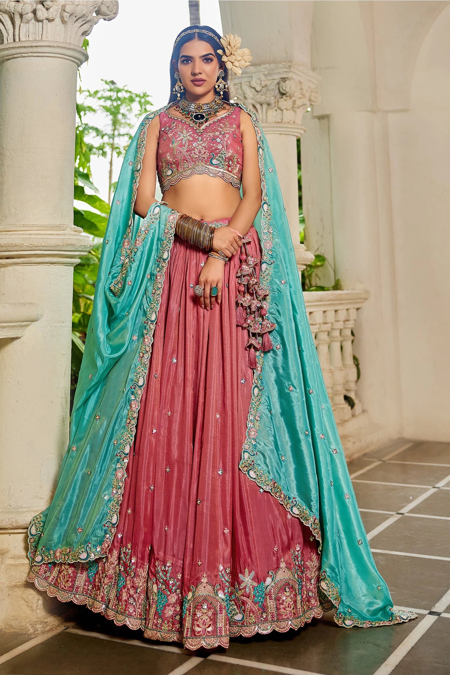 Pink Satin Lehenga with Sequins Embroidery