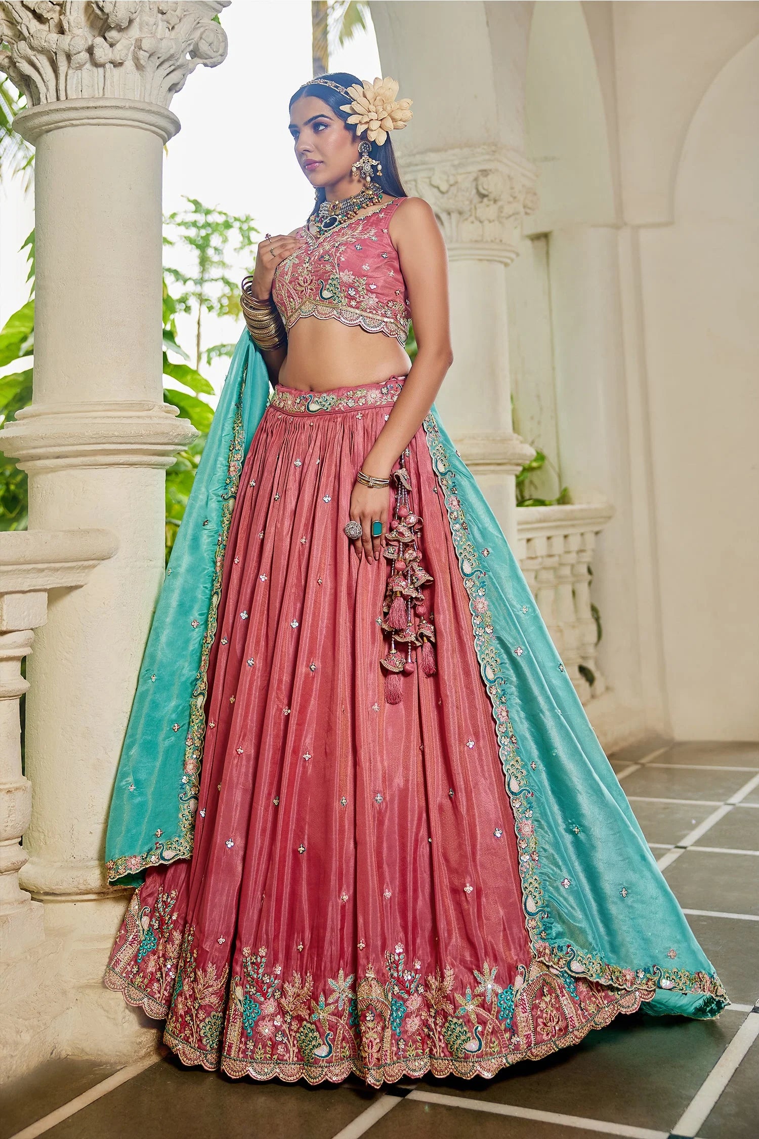 Pink Satin Lehenga with Sequins Embroidery