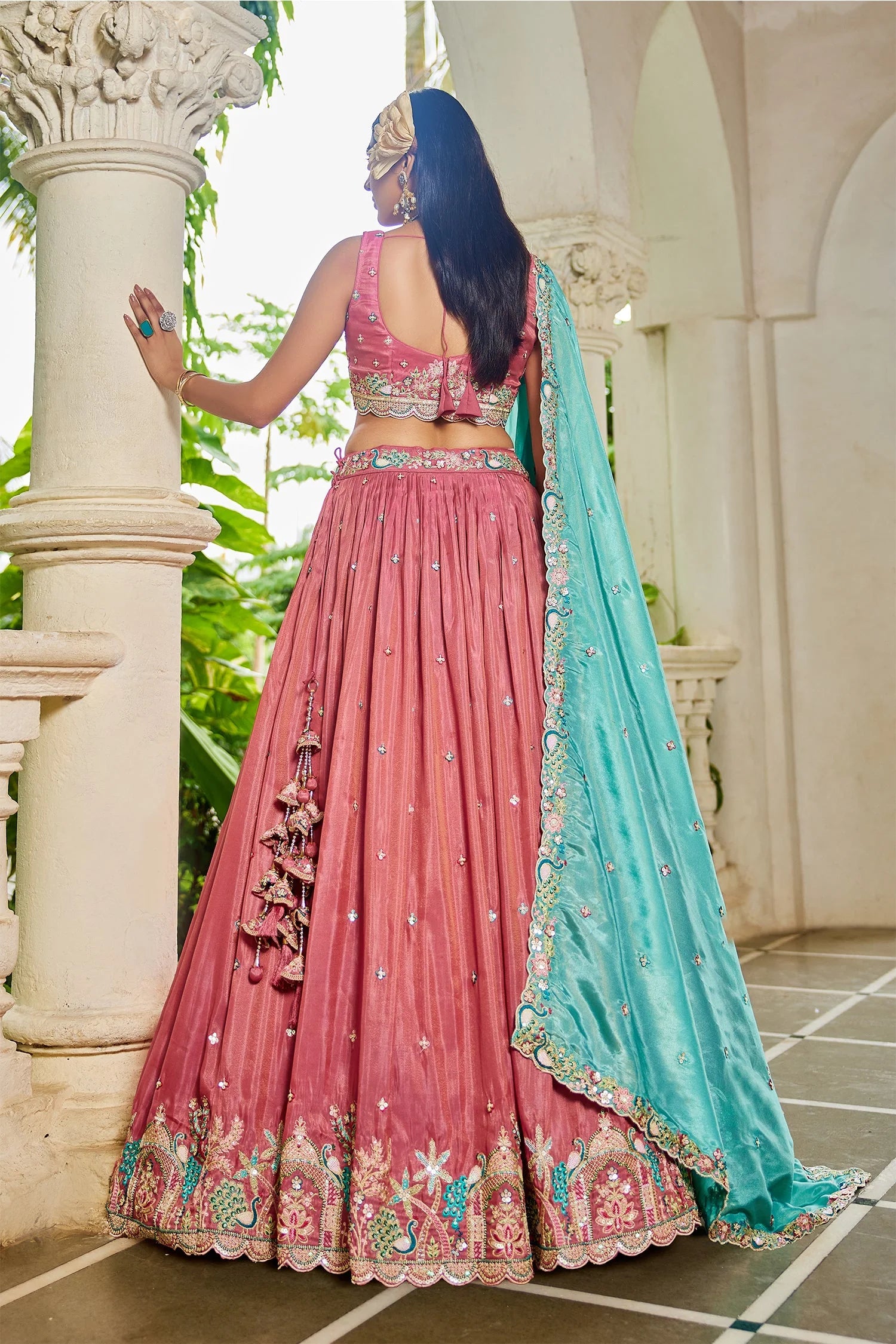 Pink Satin Lehenga with Sequins Embroidery